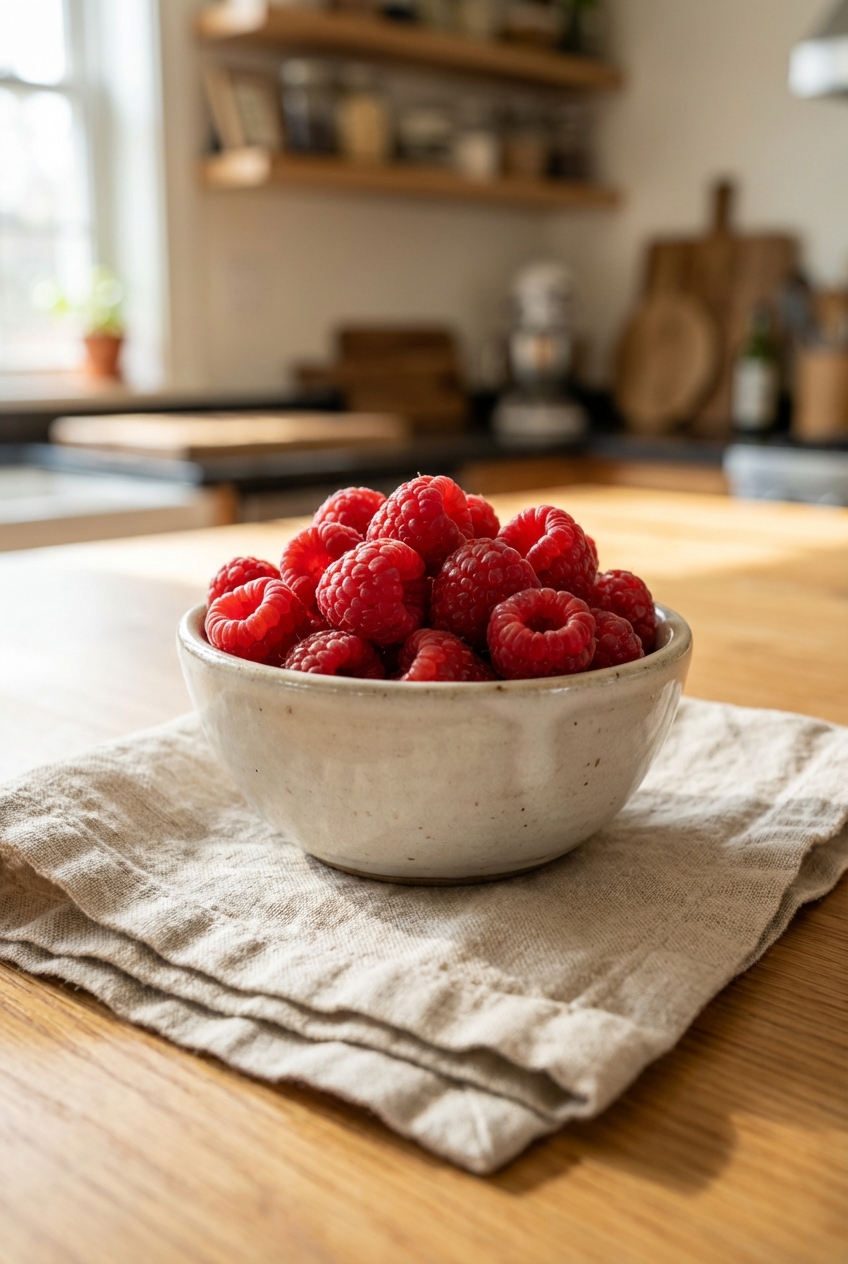 A real photo of fresh raspberries in a small bowl on a linen napkin