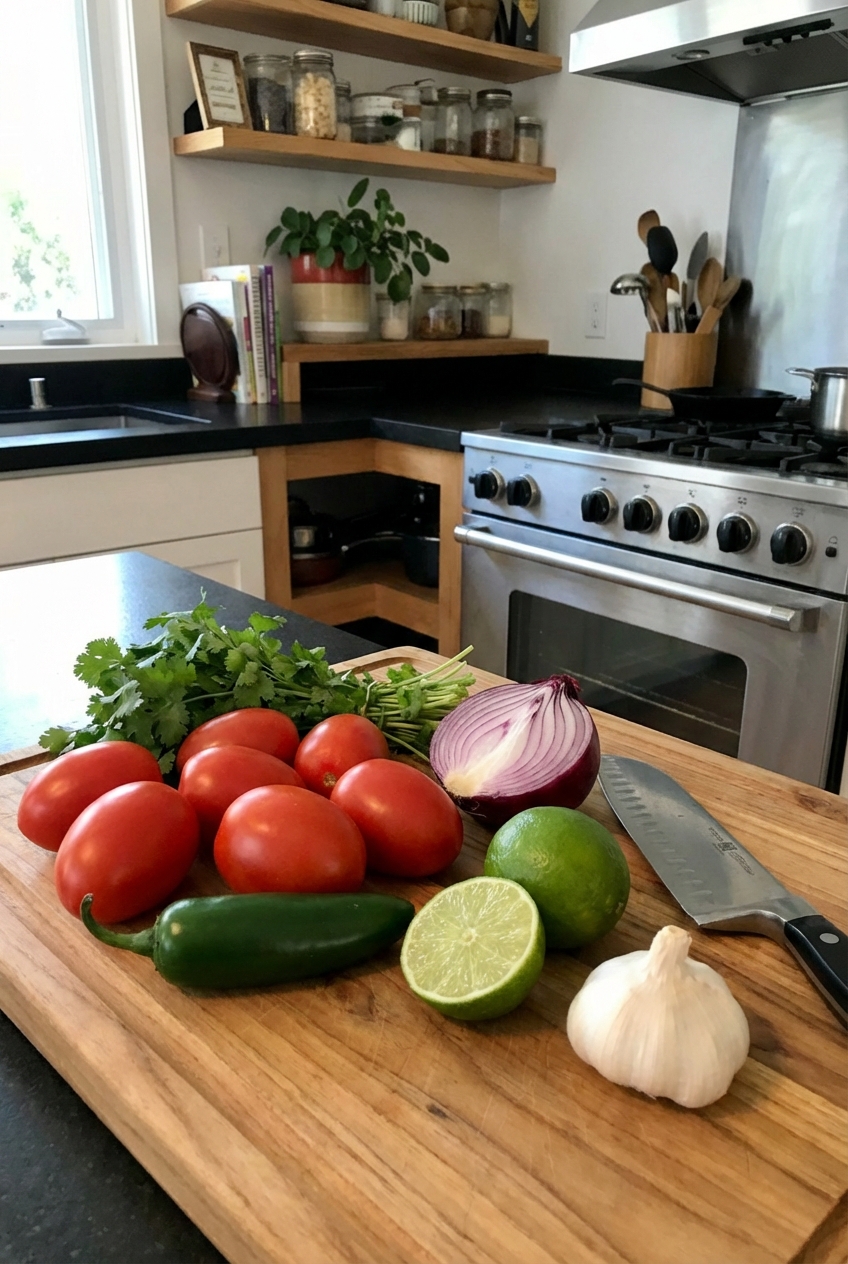 A real photo of fresh salsa ingredients on a cutting board: tomatoes, jalapeno, red onion, cilantro, limes, and garlic, ready to be chopped in a home kitchen