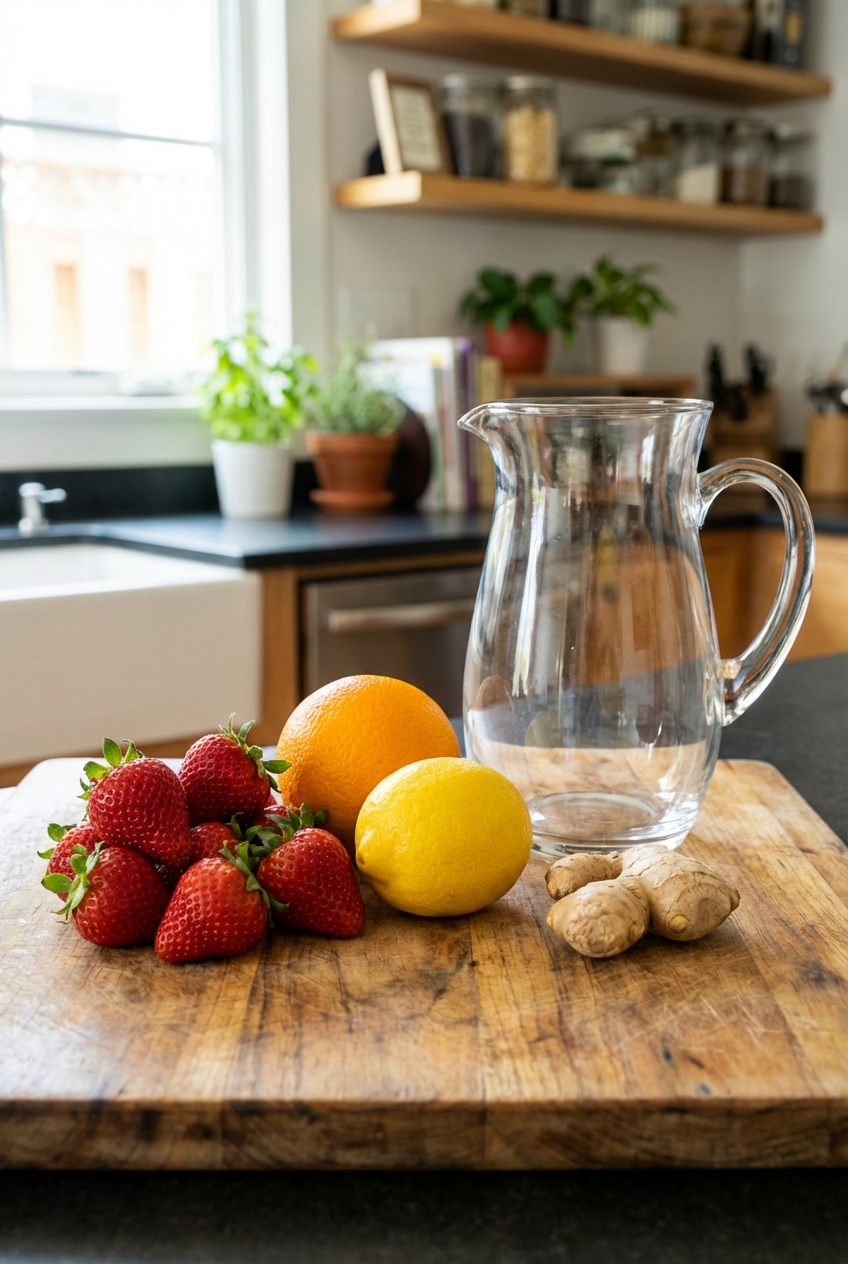 A real photo of fresh strawberries, a lemon, an orange, and a knob of ginger arranged on a cutting board next to a glass pitcher