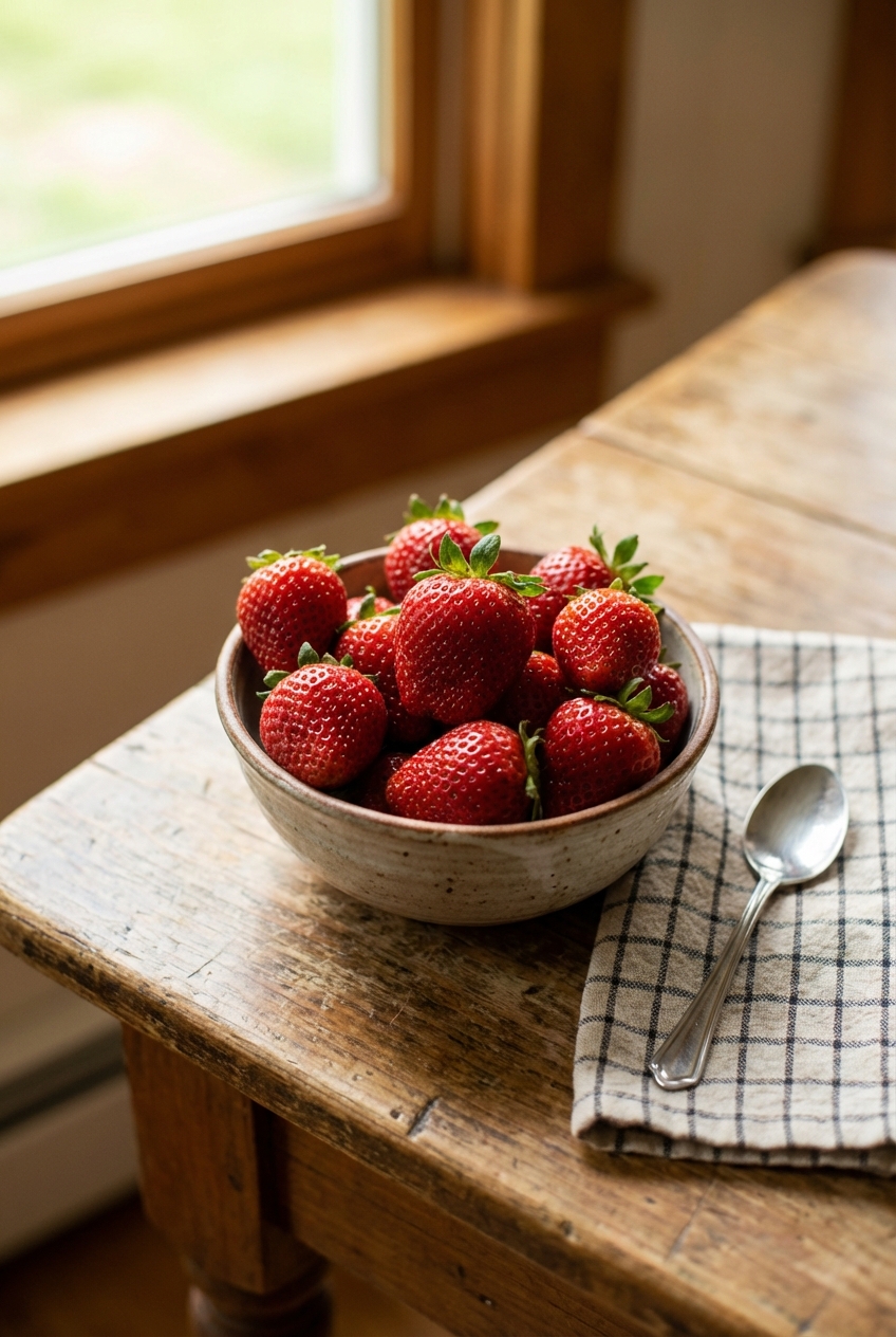 A real photo of fresh strawberries in a small bowl on a wooden table
