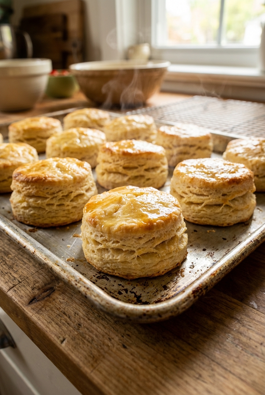 A real photo of freshly baked biscuits on a sheet pan with golden tops and visible flaky layers, still steaming slightly