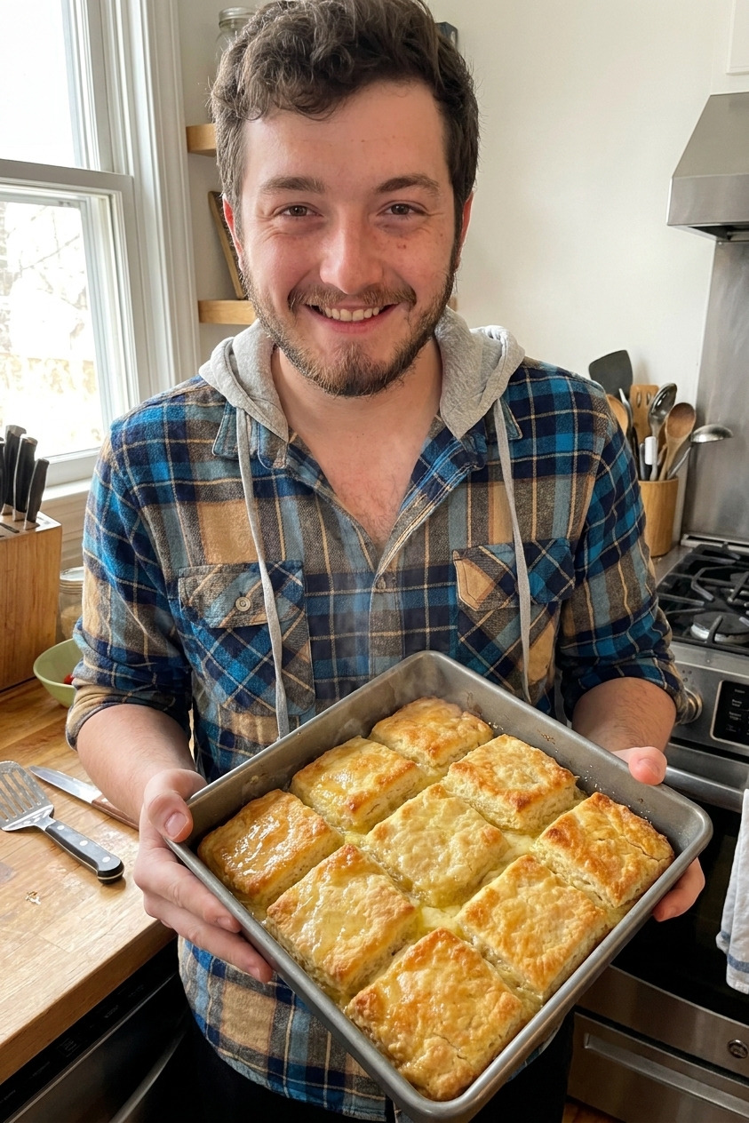 A real photo of freshly baked butter-swim biscuit squares in a square pan, with golden tops, crisp browned edges, and a glossy butter sheen around the biscuits