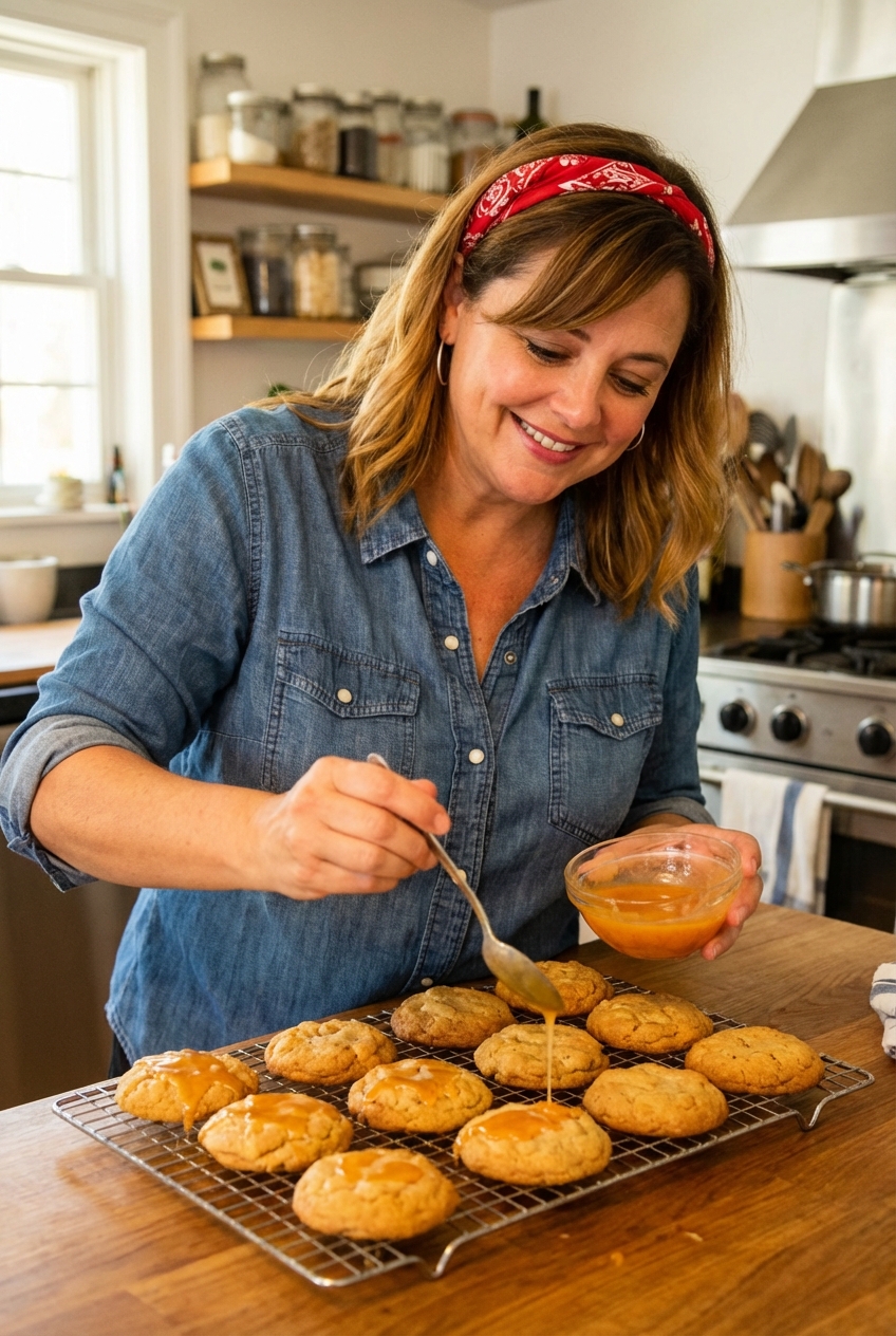 A real photo of freshly baked cookies on a cooling rack while orange glaze is drizzled over them