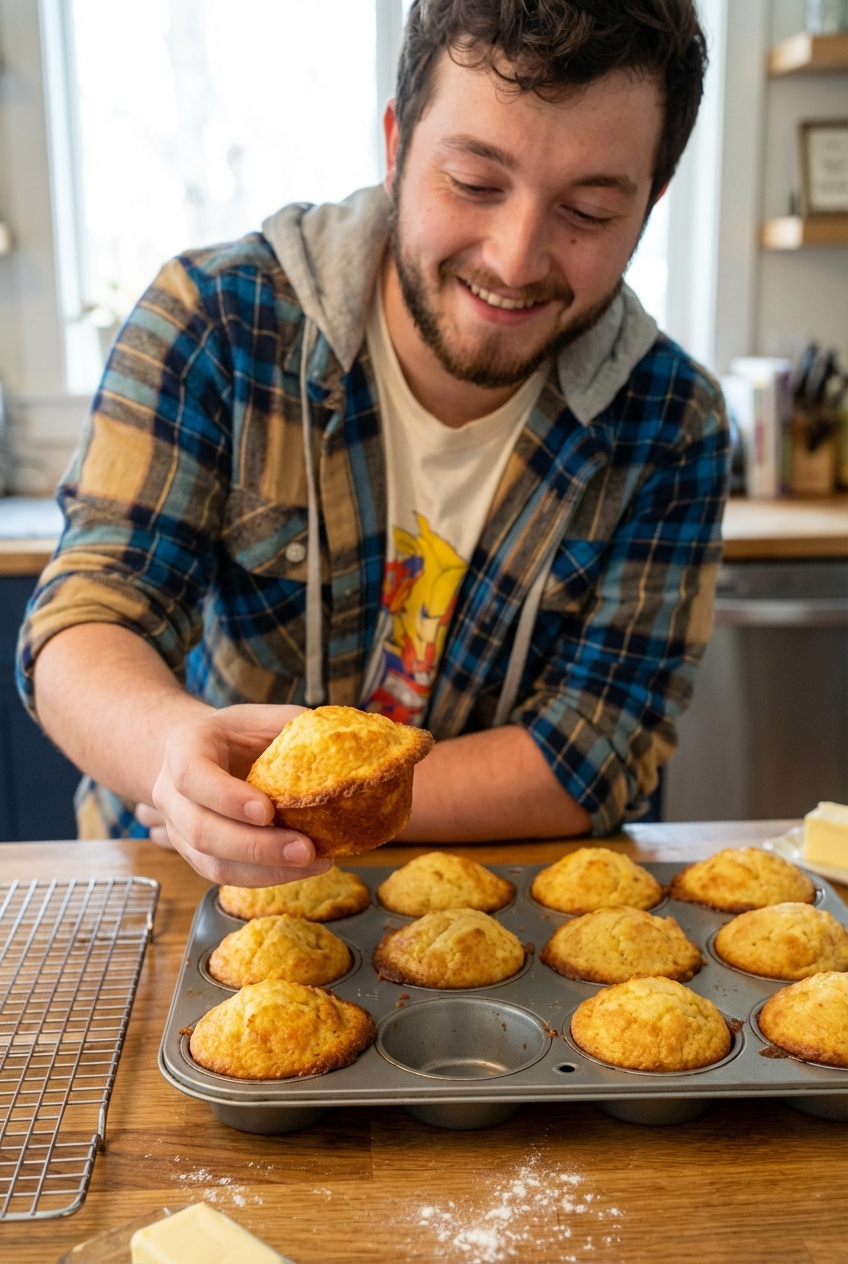 A real photo of freshly baked golden muffins in a muffin tin on a countertop, with one muffin slightly lifted showing the crisp browned edge