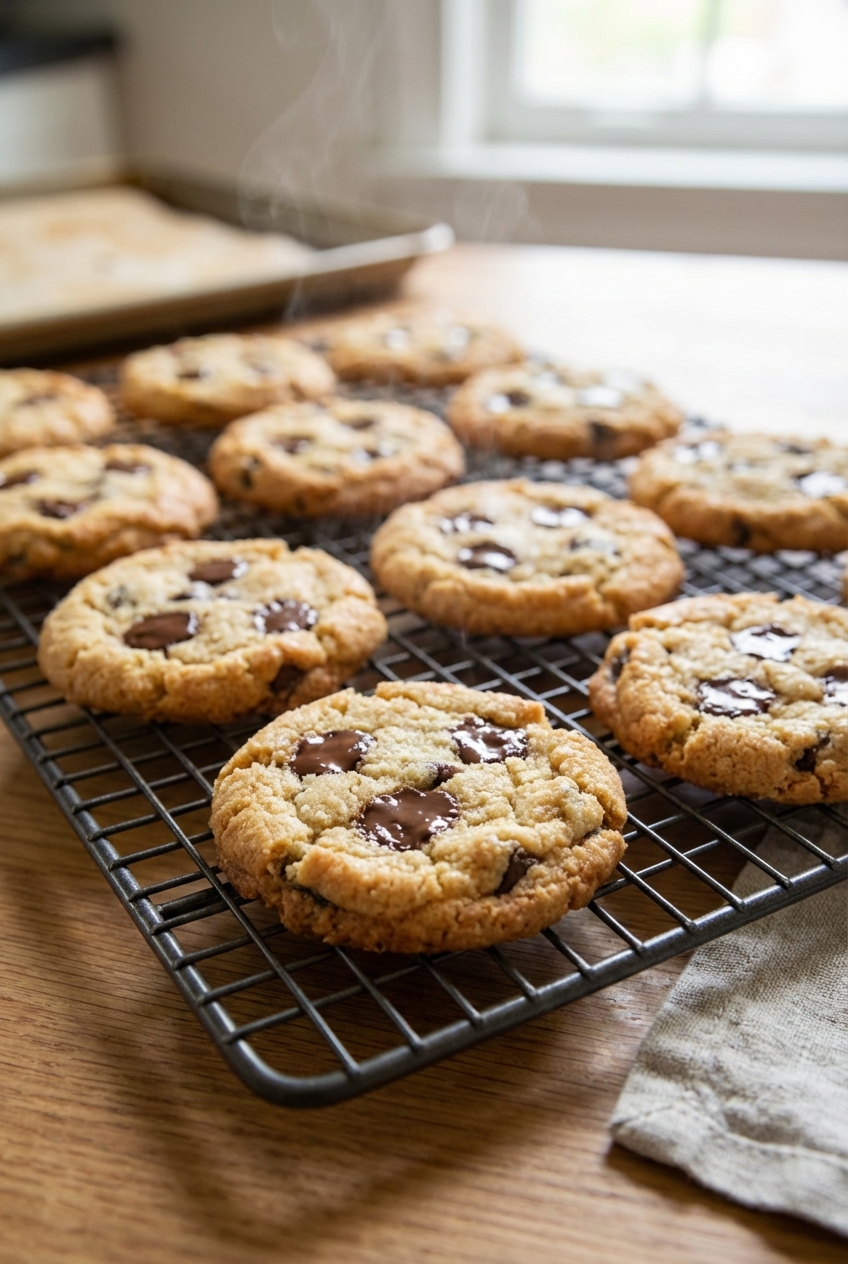 A real photo of freshly baked keto chocolate chip cookies cooling on a wire rack with golden edges and melty chocolate