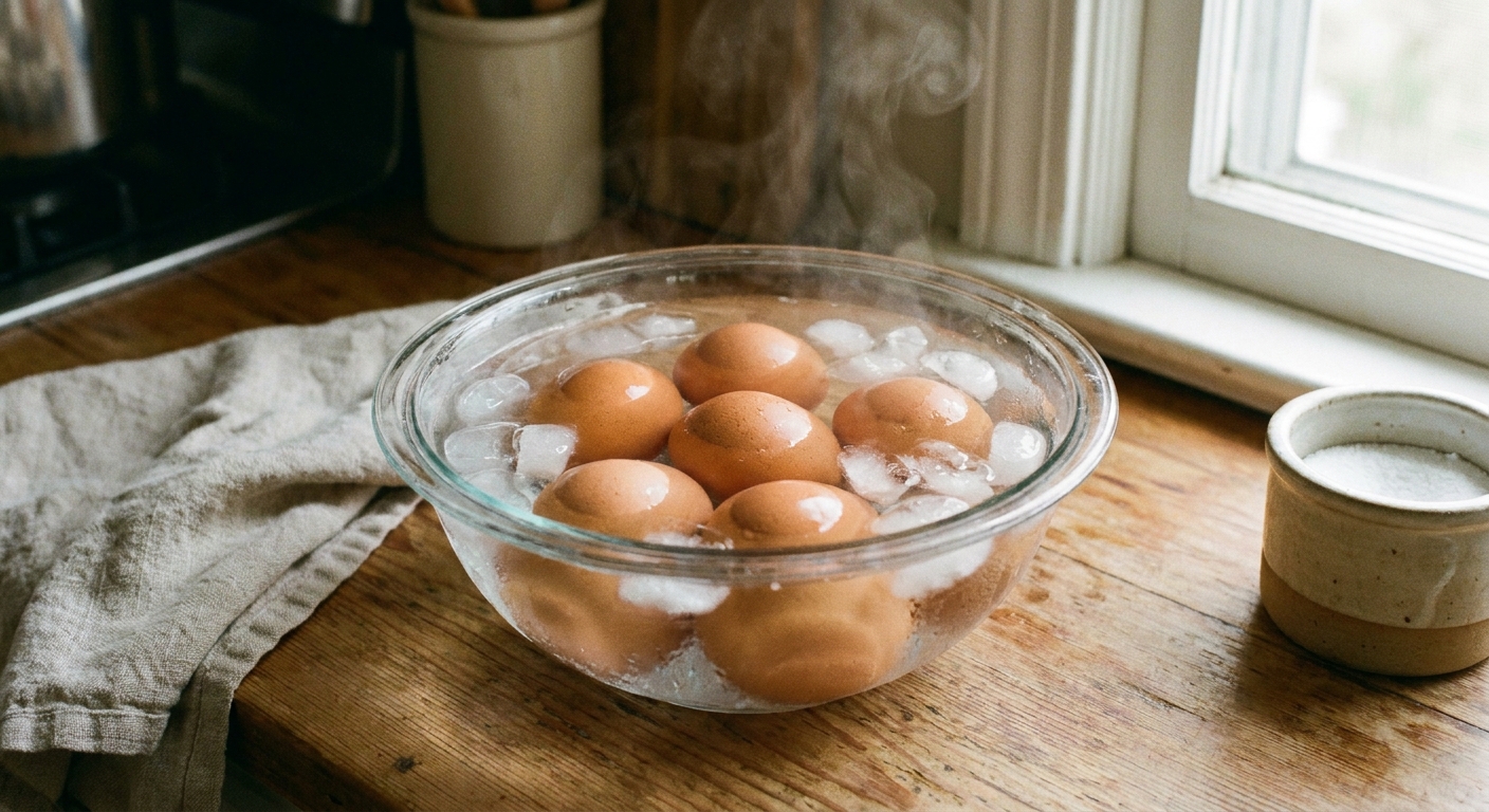 A real photo of freshly boiled eggs sitting in a bowl of ice water on a kitchen counter, steam fading off the shells