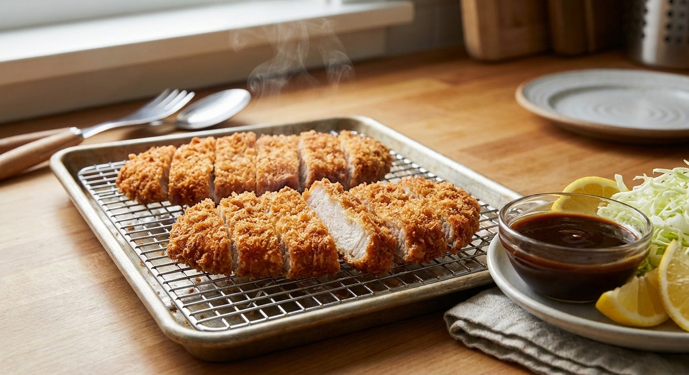 A real photo of freshly fried pork tonkatsu resting on a wire rack over a baking sheet, sliced into strips with steam rising gently