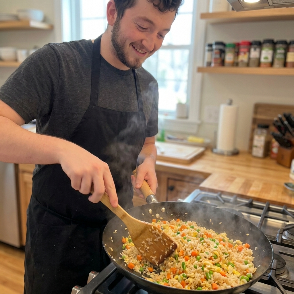 A real photo of fried rice being stirred in a hot skillet with a wooden spatula, showing separated grains and colorful vegetables