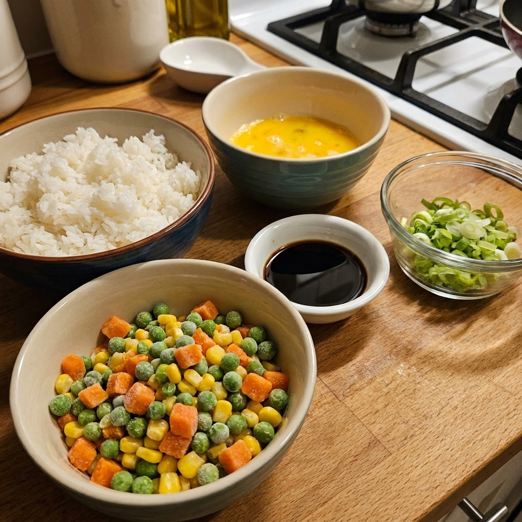 A real photo of fried rice ingredients in small prep bowls on a kitchen counter, including cooked rice, mixed vegetables, beaten eggs, soy sauce, and sliced green onions