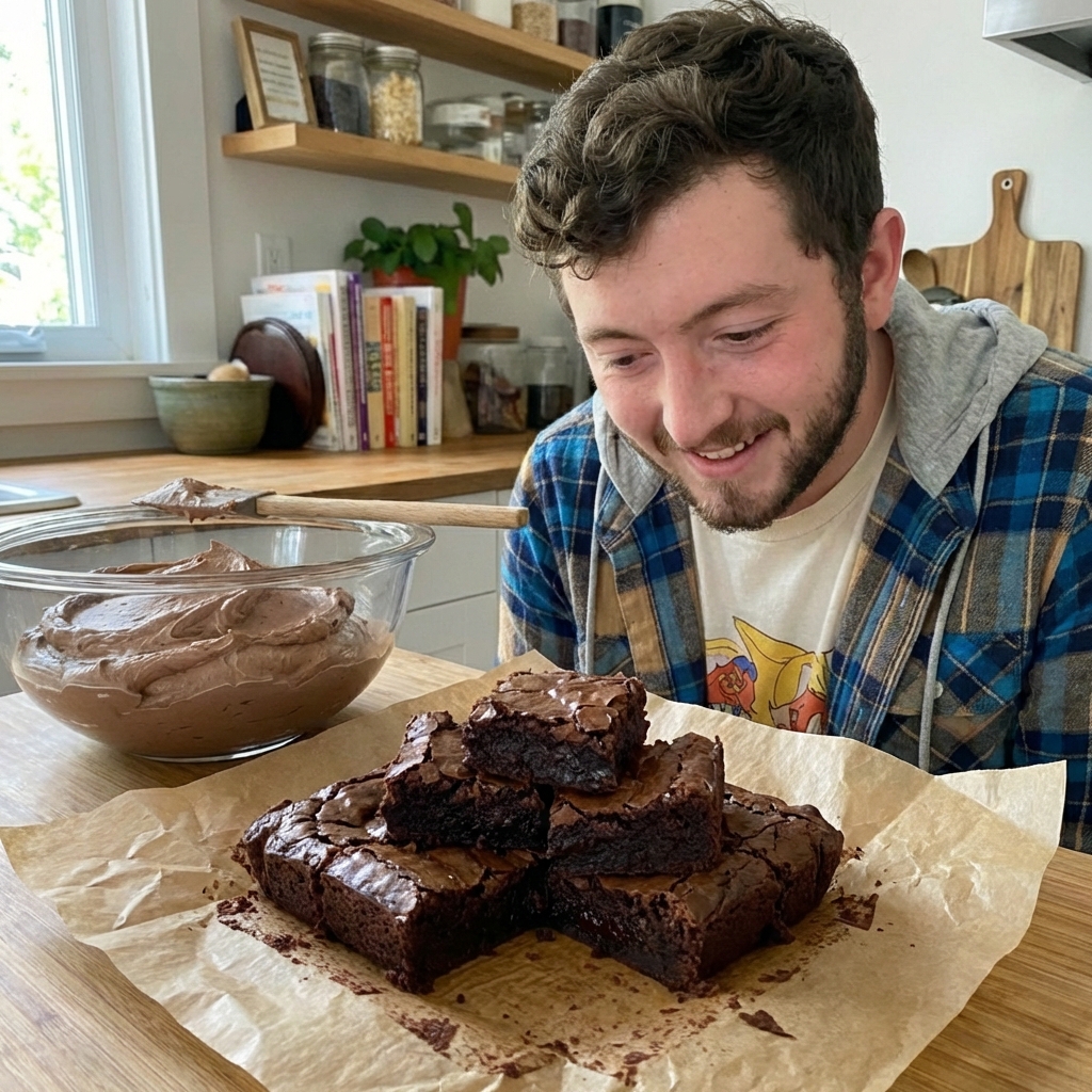 A real photo of fudgy brownies stacked on parchment paper