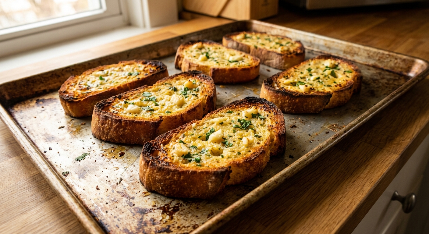 A real photo of garlic bread slices on a baking sheet with toasted edges