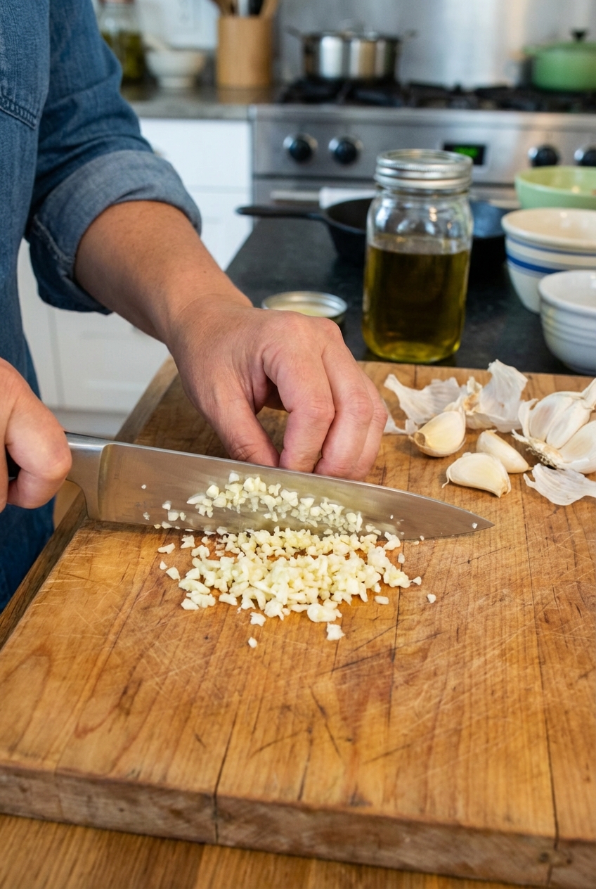 A real photo of garlic cloves being minced on a wooden cutting board next to a chef's knife
