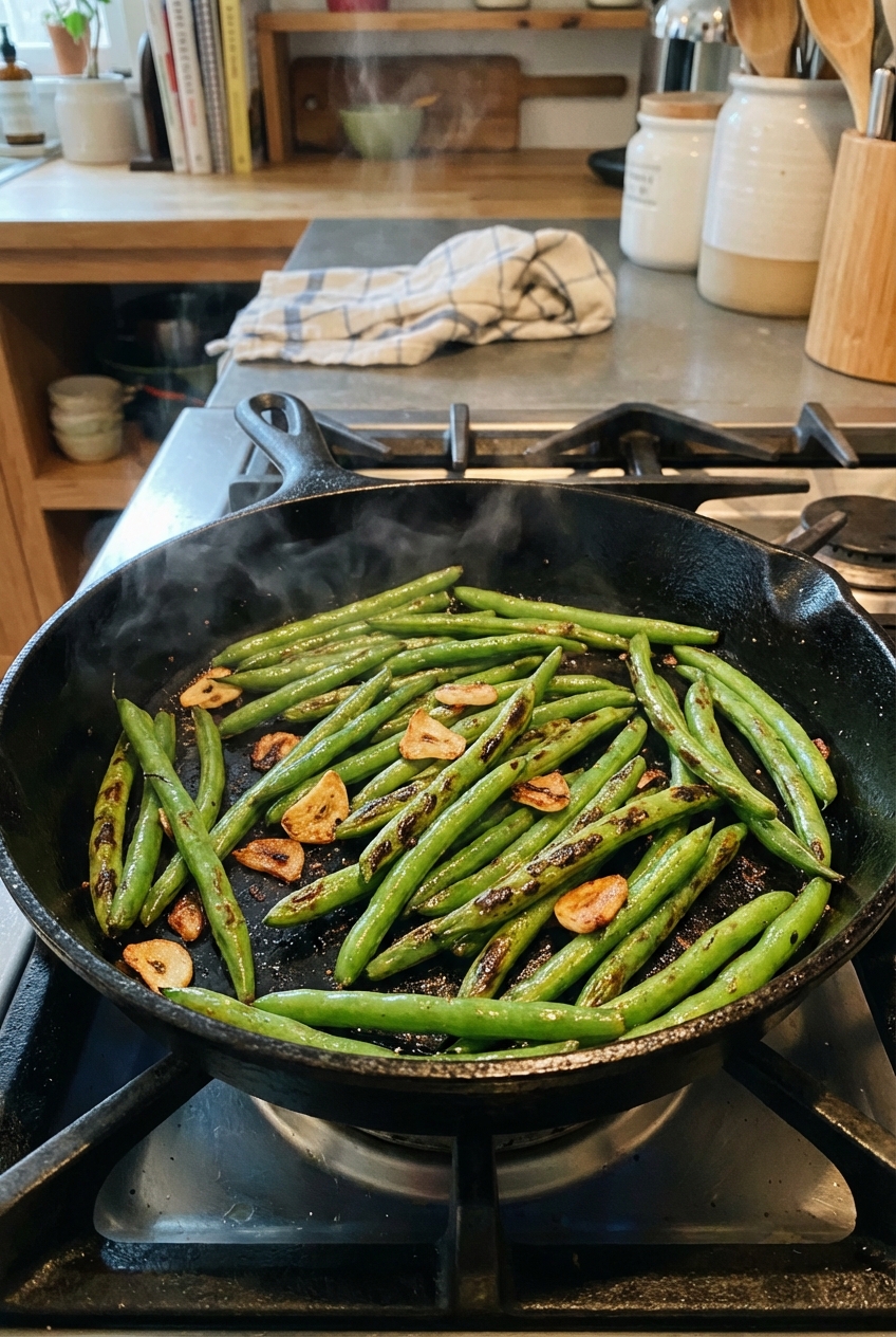 A real photo of garlic green beans blistered in a skillet