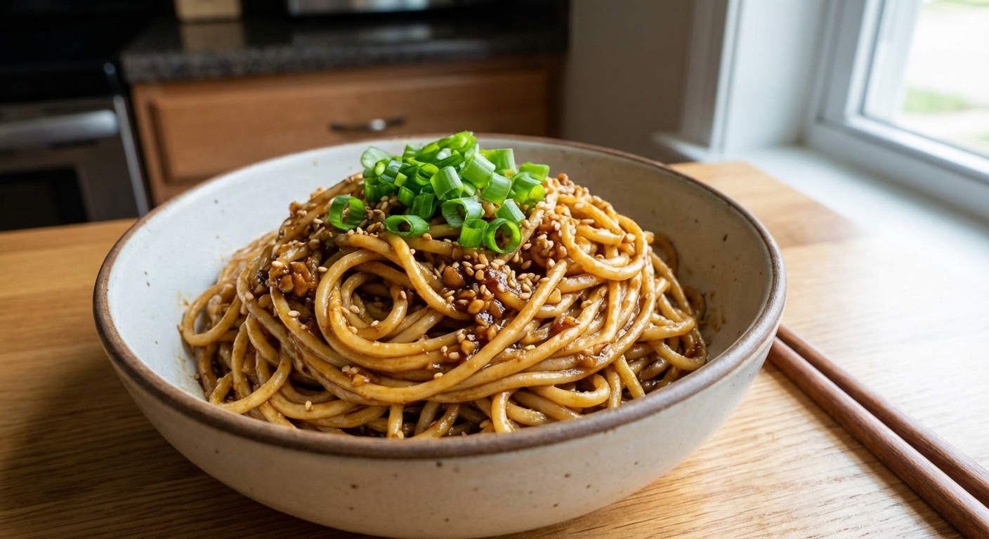 A real photo of garlic sesame noodles twirled in a bowl with scallions on top