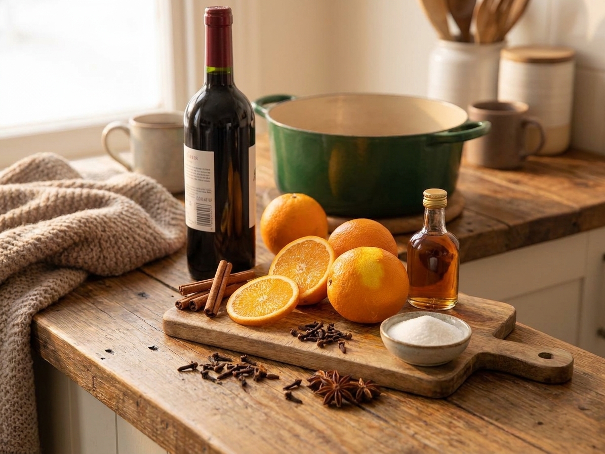 A real photo of glühwein ingredients on a kitchen counter: red wine, oranges, cinnamon sticks, whole cloves, star anise, sugar, and a small bottle of brandy