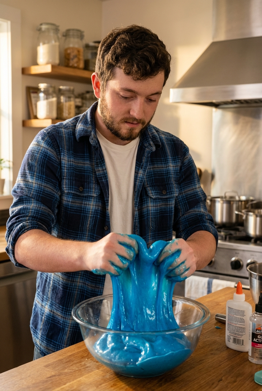 A real photo of glossy slime being kneaded in a glass bowl on a kitchen counter