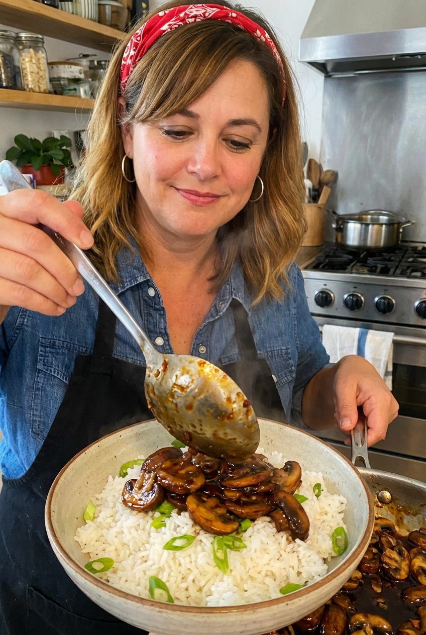 A real photo of glossy sweet and spicy mushrooms being spooned onto a bowl of rice with scallions scattered on top