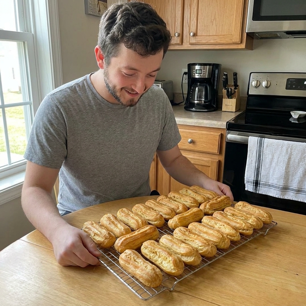 A real photo of golden baked éclair shells cooling on a wire rack in a home kitchen