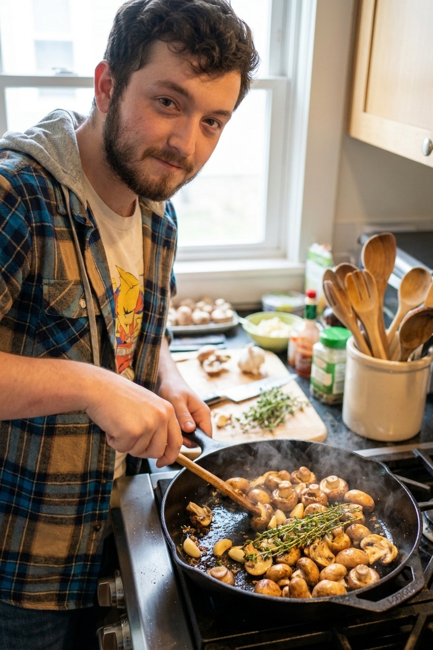 A real photo of golden brown sauteed mushrooms sizzling in a cast iron skillet with garlic and thyme on a stovetop