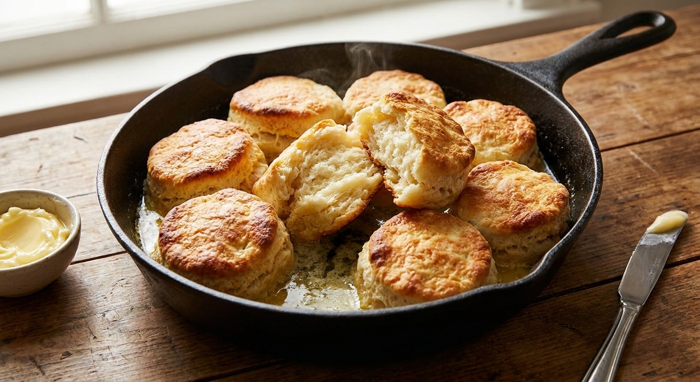 A real photo of golden butter-swim buttermilk biscuits baked in a cast iron skillet, sitting in melted butter with crisp browned edges and a soft, fluffy center visible on one biscuit