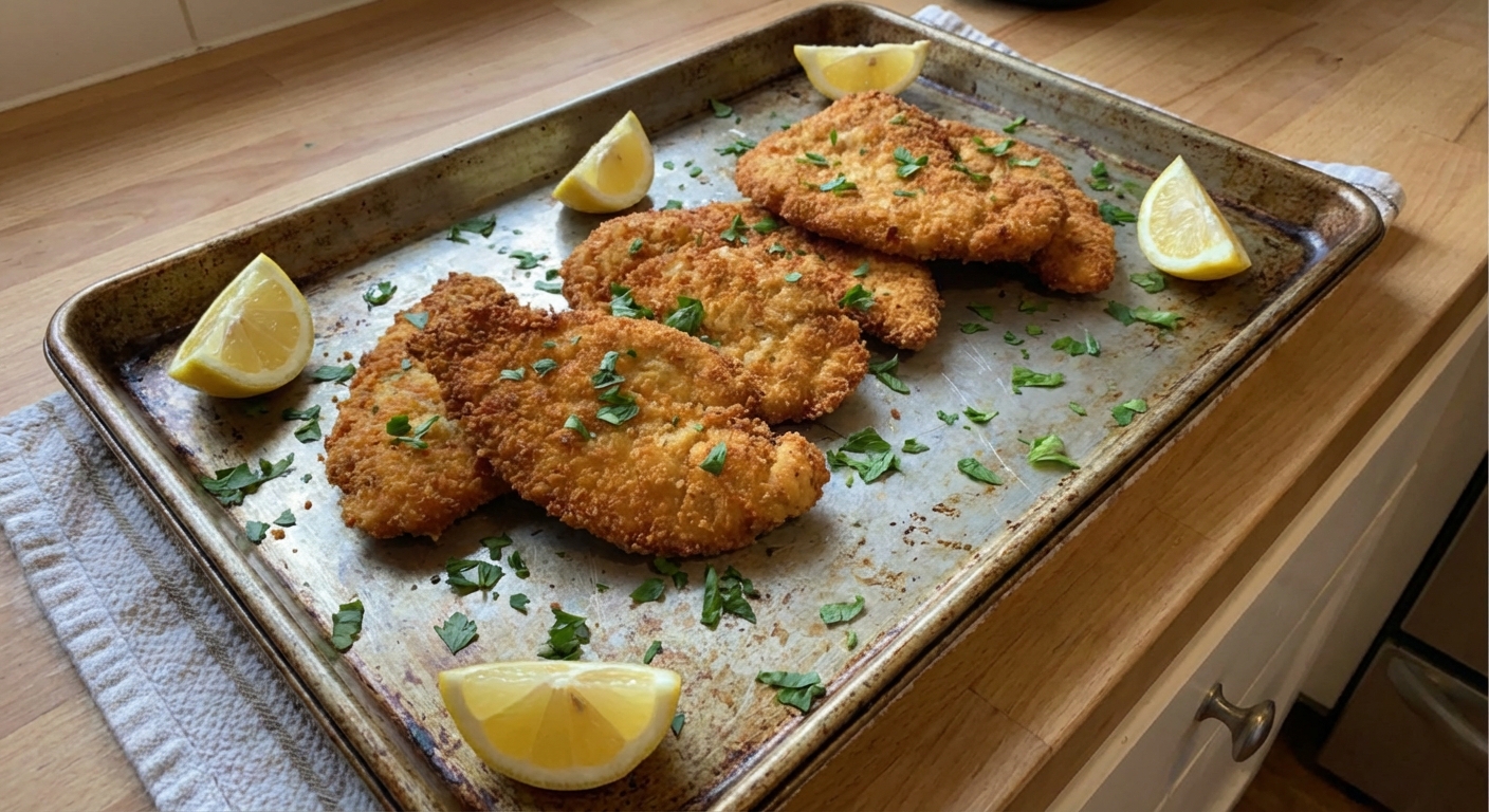 A real photo of golden crispy breaded chicken cutlets on a sheet pan with lemon wedges and chopped parsley