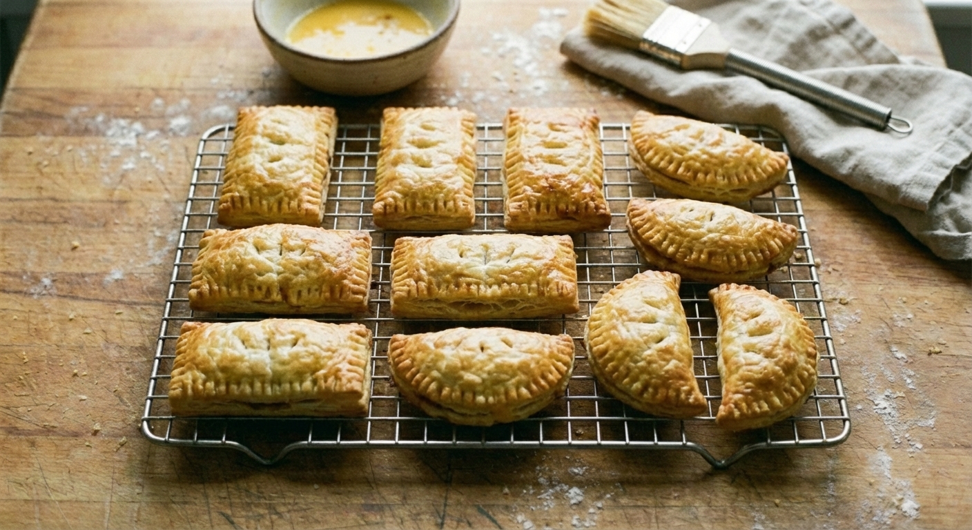 A real photo of golden puff pastry hand pies cooling on a wire rack