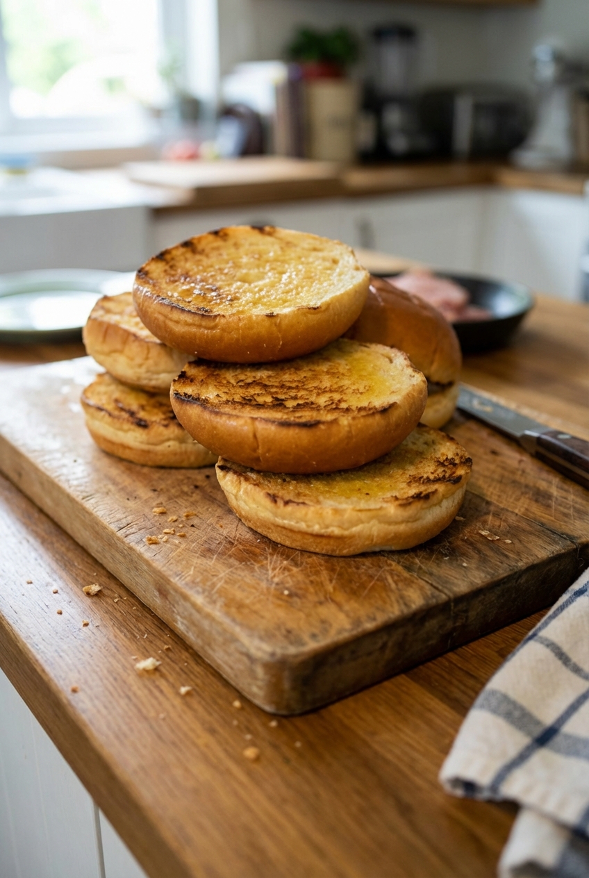 A real photo of golden toasted burger buns stacked on a cutting board