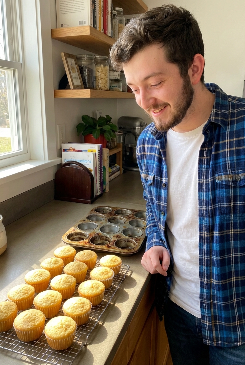 A real photo of golden vanilla cupcakes cooling on a wire rack with a muffin tin nearby