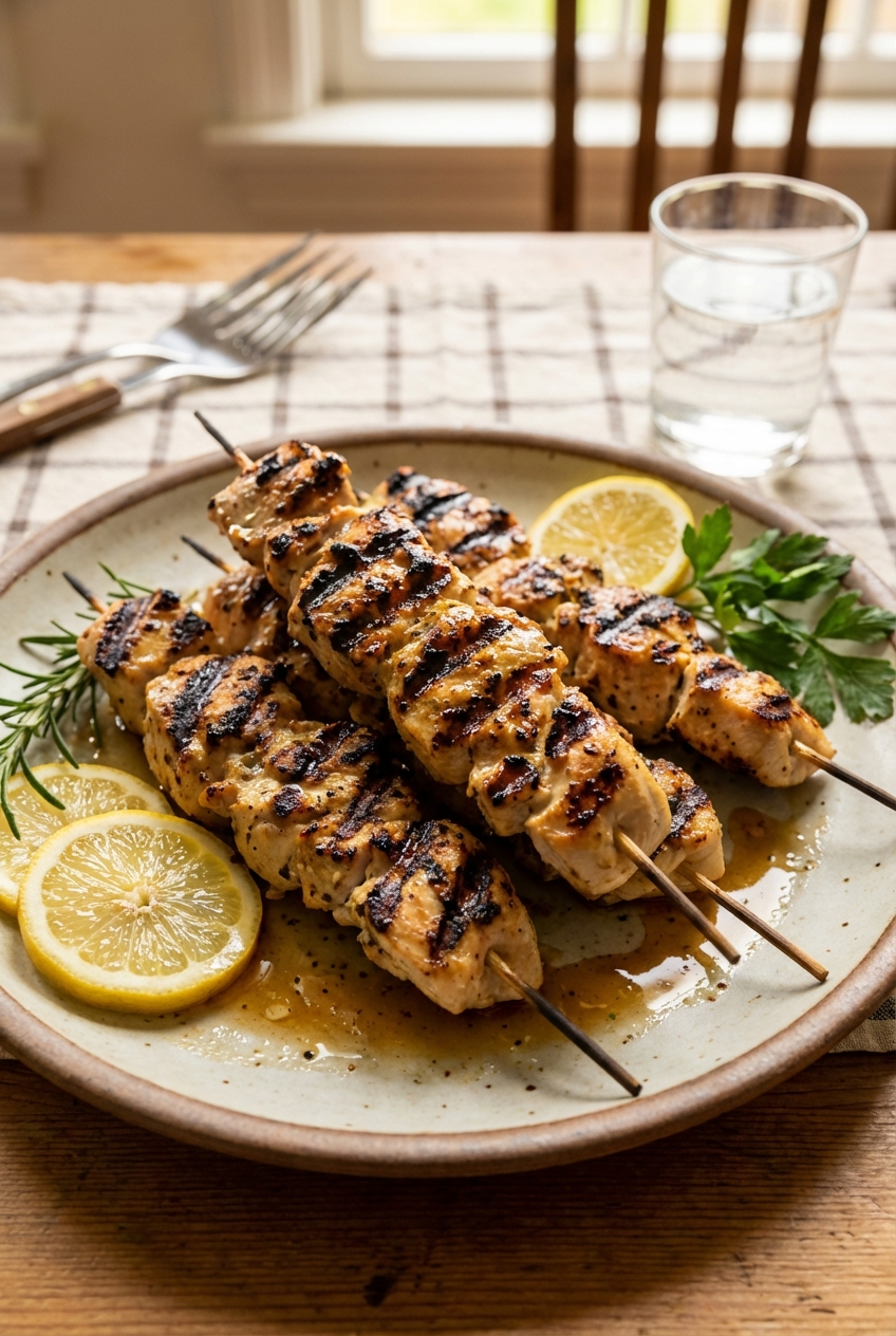 A real photo of grilled chicken skewers with char marks on a plate with lemon wedges and herbs
