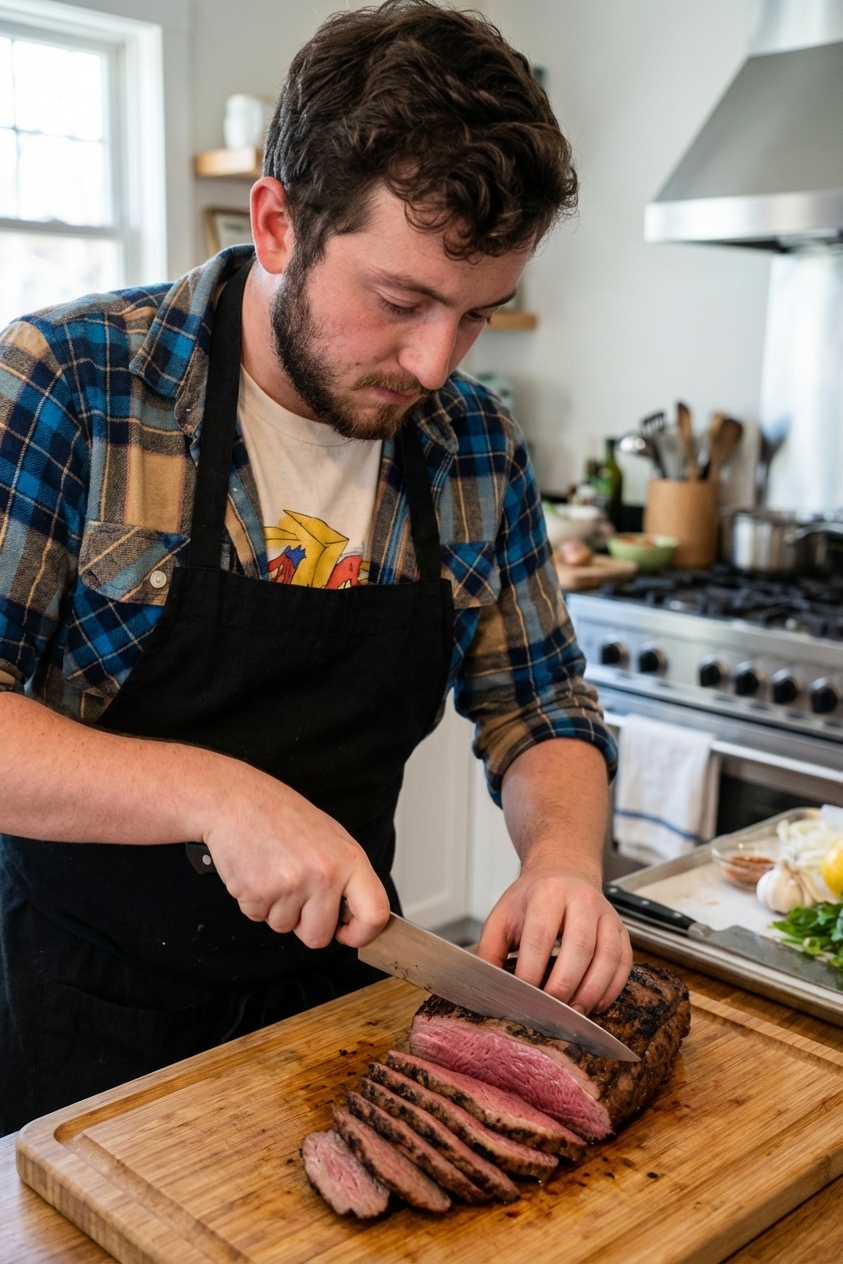 A real photo of grilled picanha resting on a wooden cutting board while a knife slices thin pieces against the grain, showing a medium-rare pink center