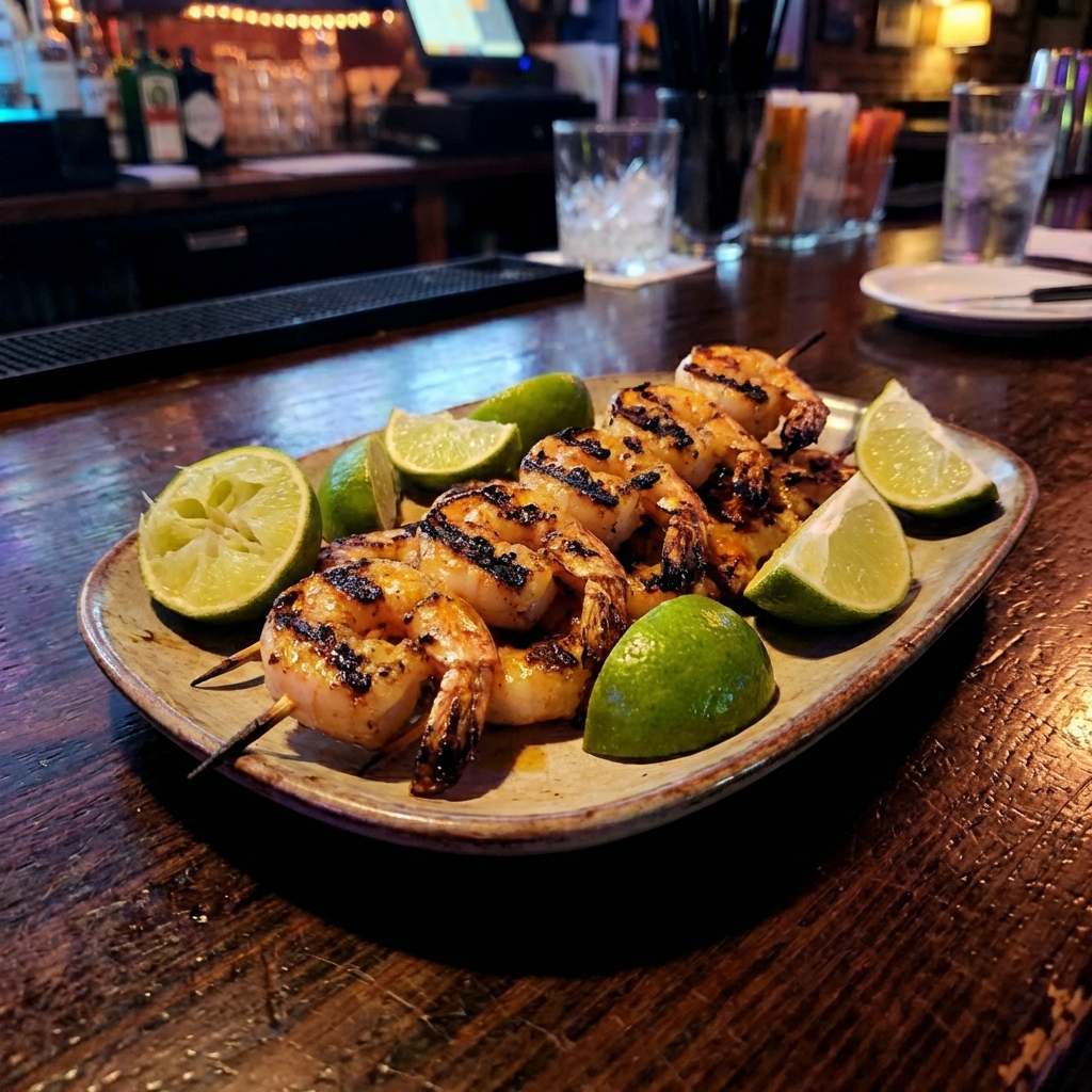 A real photo of grilled shrimp skewers with char marks on a platter with lime wedges
