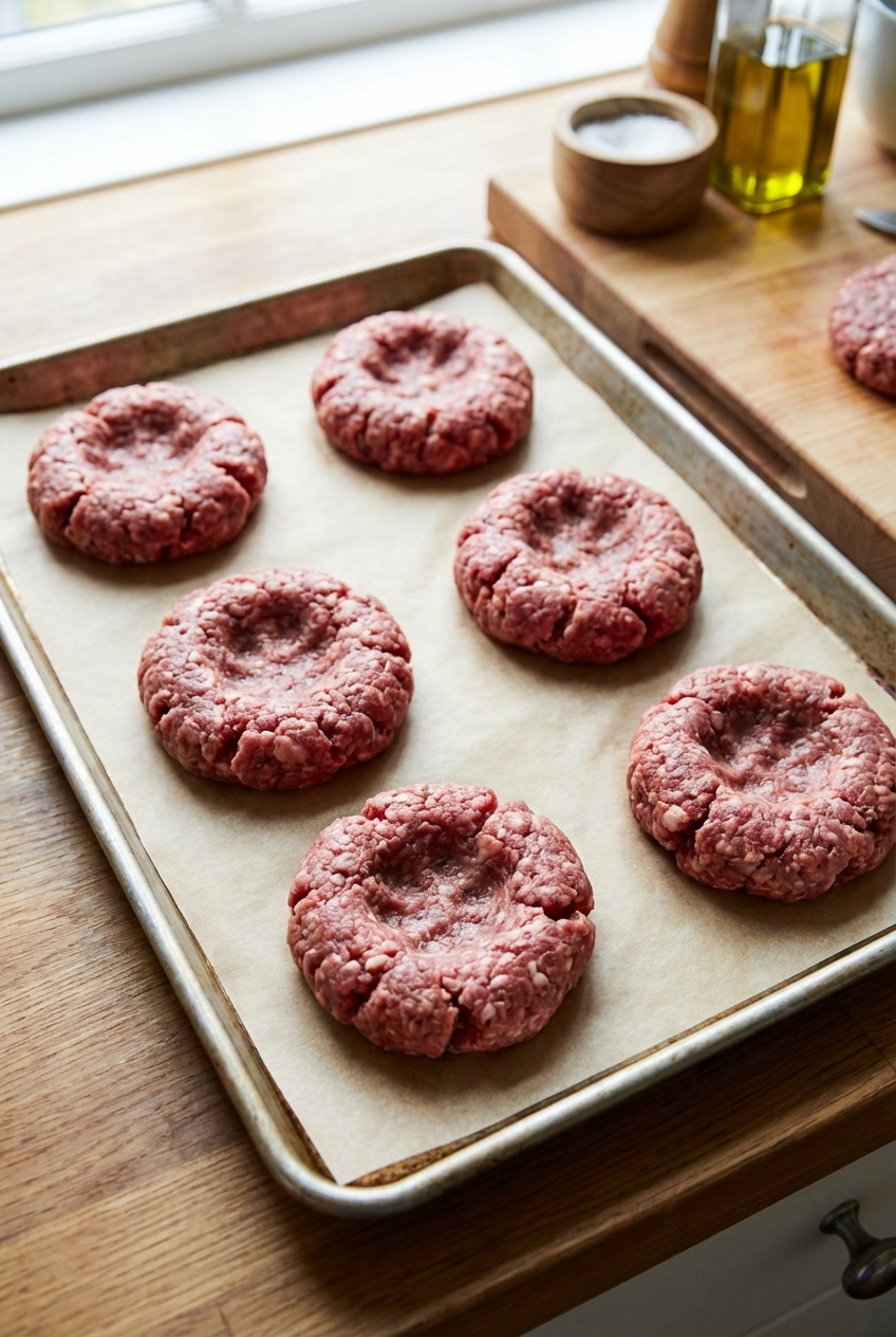 A real photo of ground beef patties shaped and dimpled on a parchment-lined tray, ready to cook