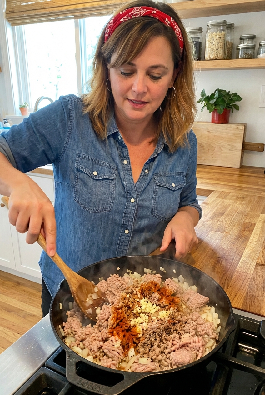 A real photo of ground turkey browning in a skillet with onions, garlic, and spices, with a wooden spoon stirring