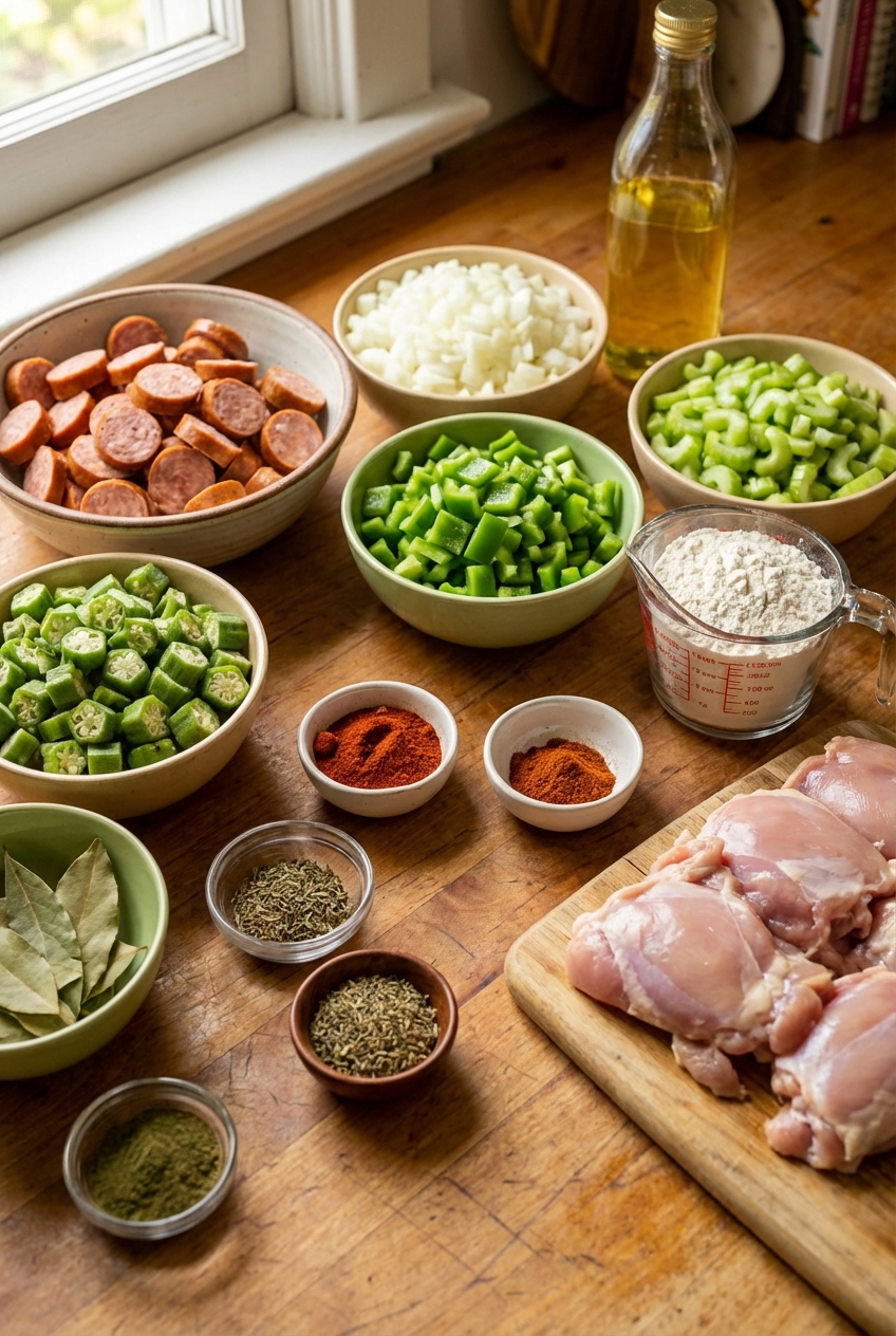 A real photo of gumbo ingredients arranged on a kitchen counter: sliced andouille sausage, diced onion, bell pepper, celery, okra, chicken pieces, flour, oil, and spices