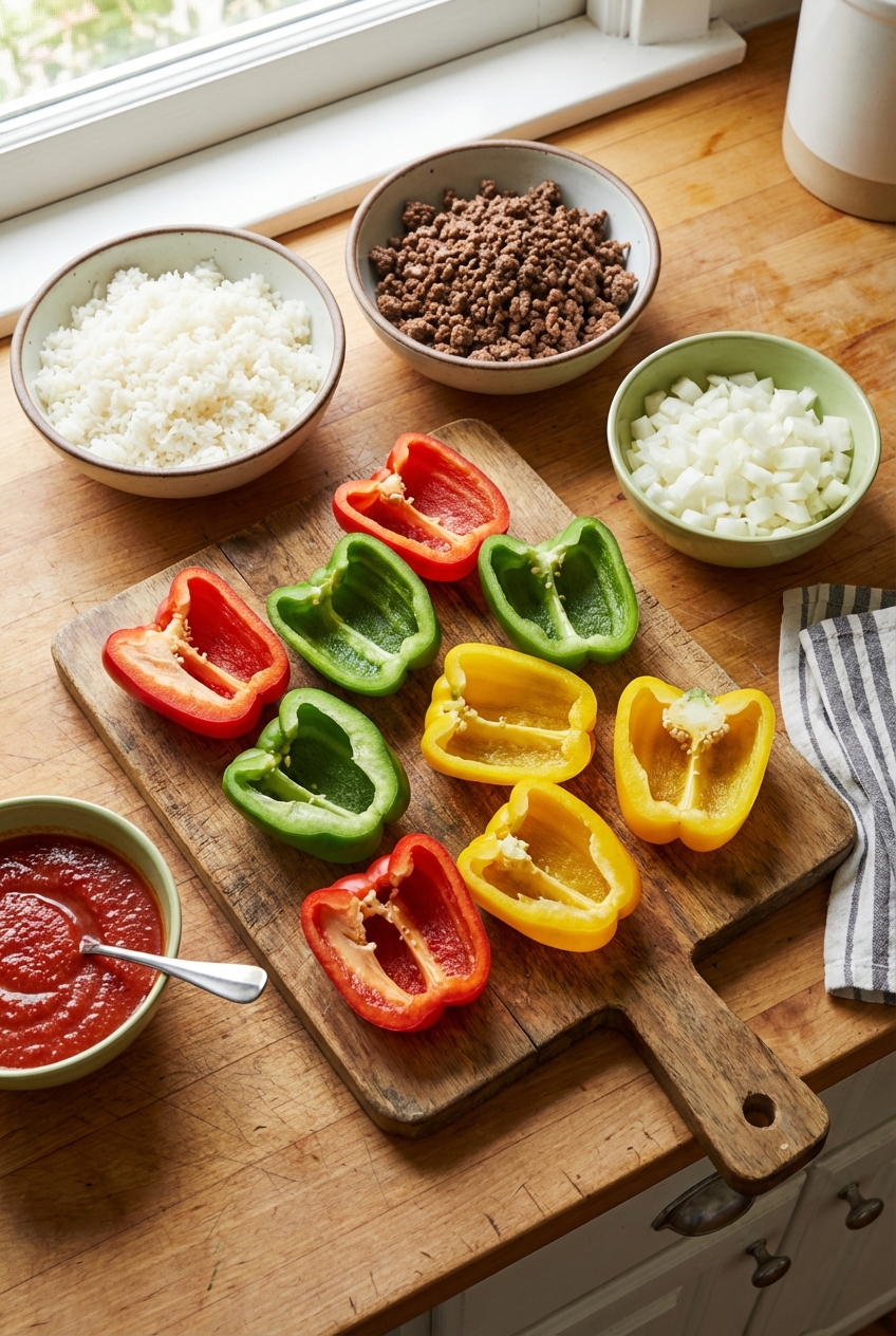A real photo of halved bell peppers on a cutting board with bowls of cooked rice, browned ground beef, diced onion, and tomato sauce nearby