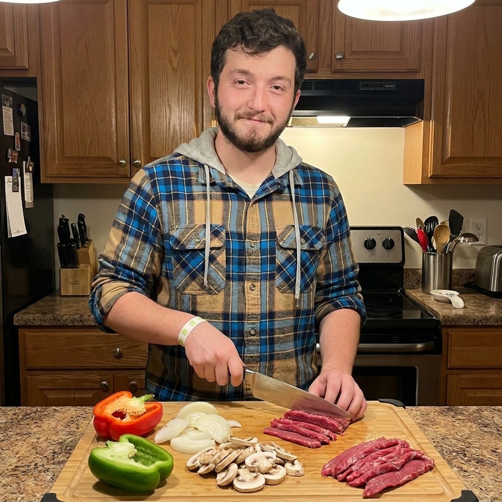 A real photo of halved bell peppers on a cutting board with sliced onions, mushrooms, and thinly sliced steak nearby, ready for cooking