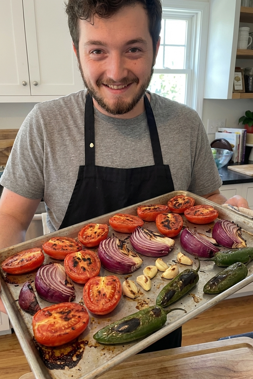 A real photo of halved tomatoes, onion wedges, garlic cloves, and jalapeños on a sheet pan with deep char marks after broiling