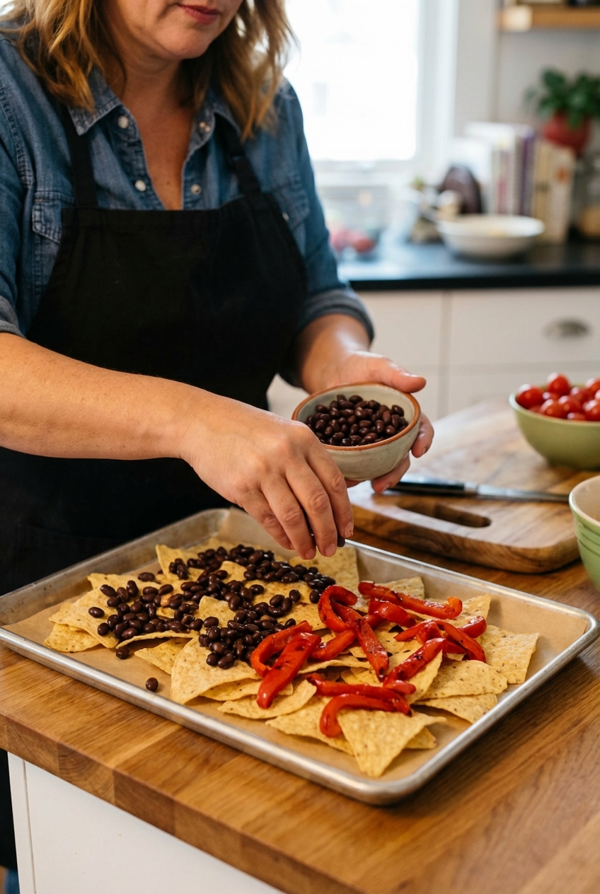 A real photo of hands adding black beans and roasted peppers over tortilla chips on a parchment lined sheet pan
