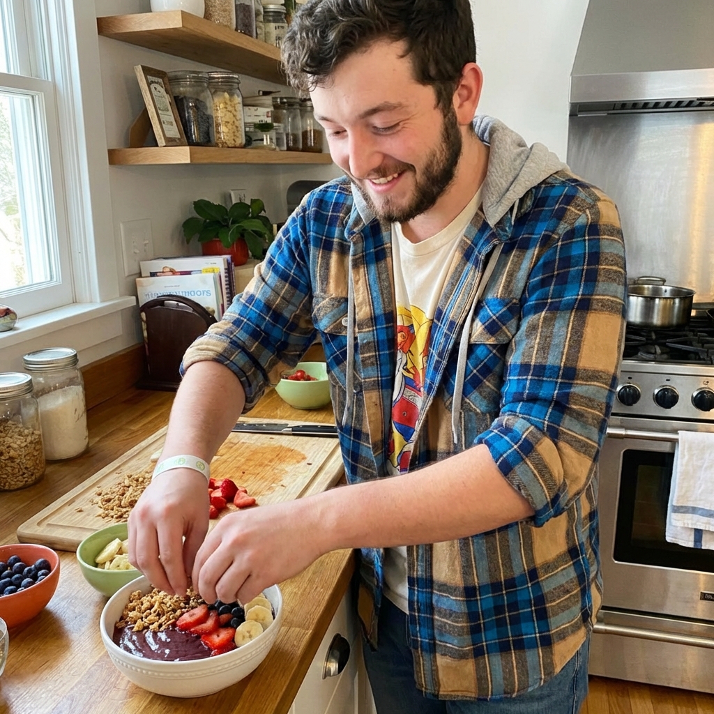 A real photo of hands adding granola and sliced fruit onto a thick acai bowl base in a white bowl on a kitchen countertop