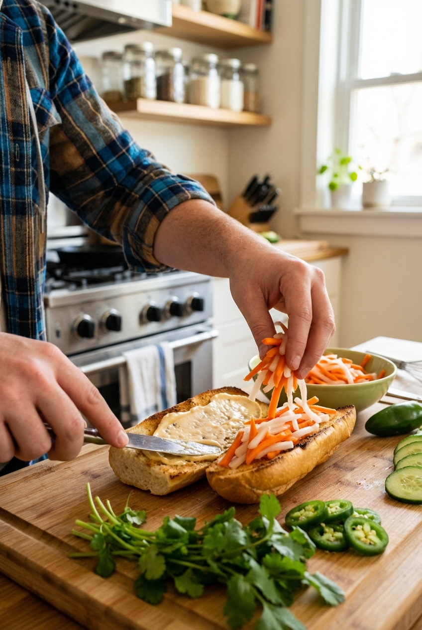 A real photo of hands assembling a banh mi sandwich with toasted baguette, spreading citrus mayo, and adding pickled vegetables on a cutting board