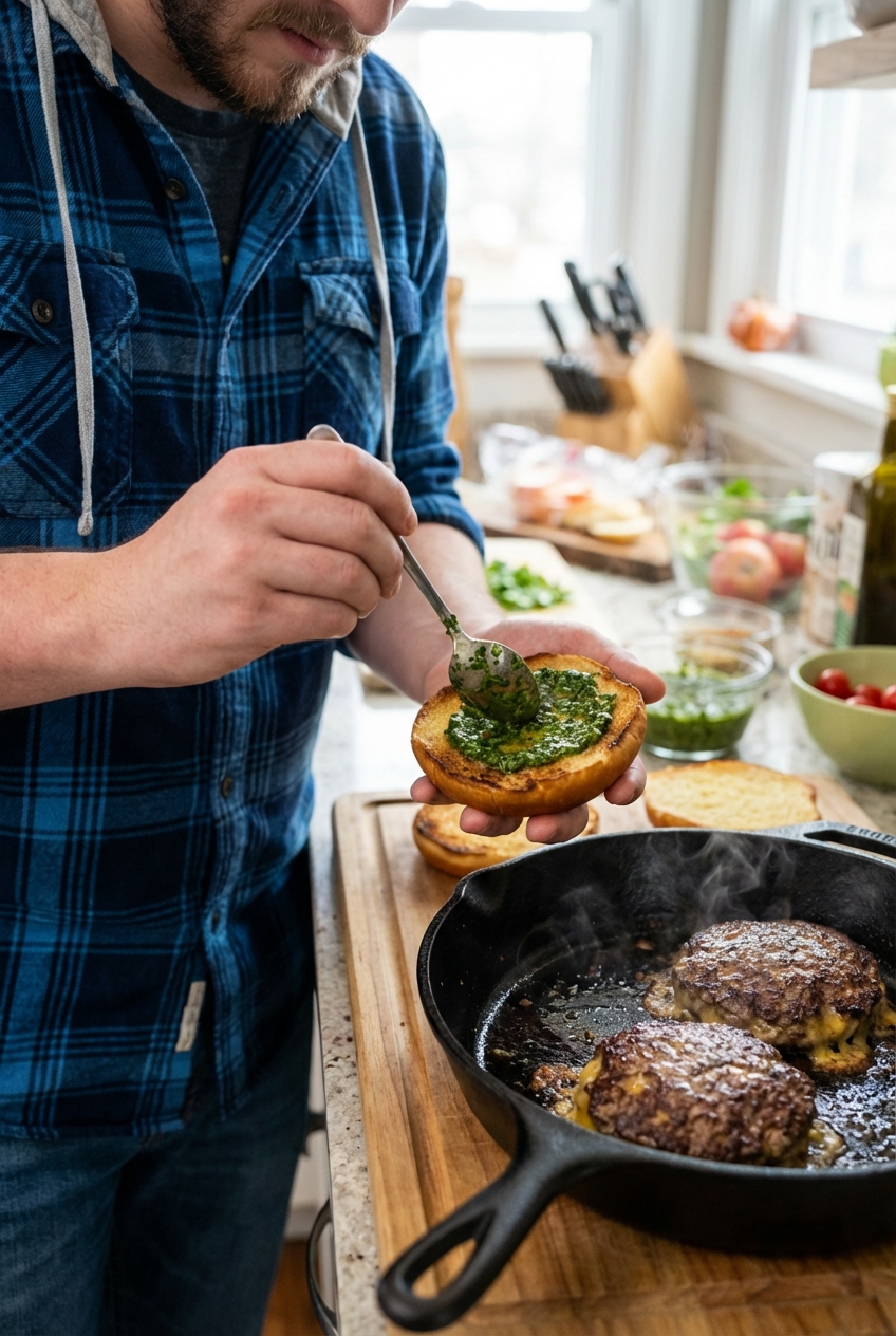 A real photo of hands assembling a burger with herb sauce being spread on a toasted bun next to cooked patties in a skillet