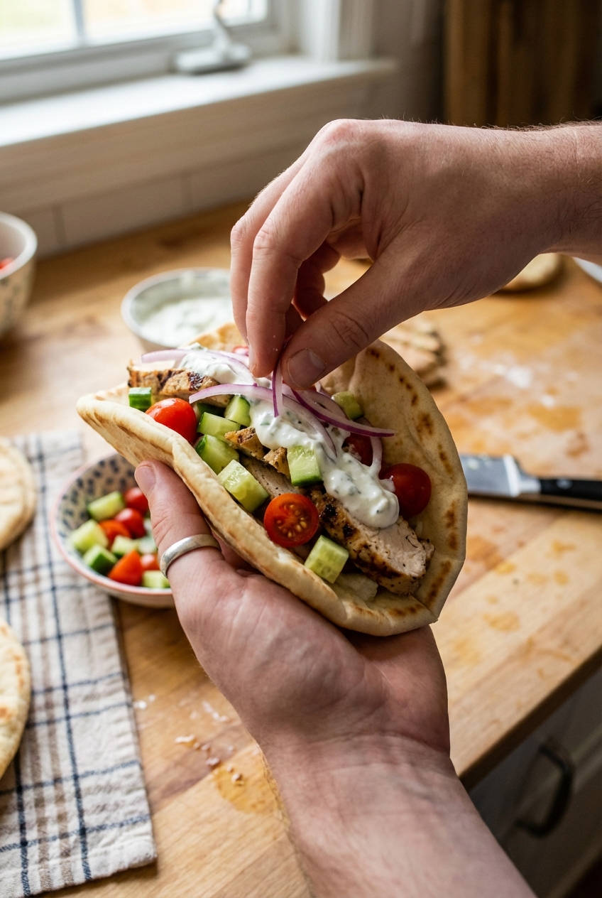 A real photo of hands assembling a chicken gyro with yogurt sauce, sliced chicken, cucumber, tomato, and red onion inside a warm pita