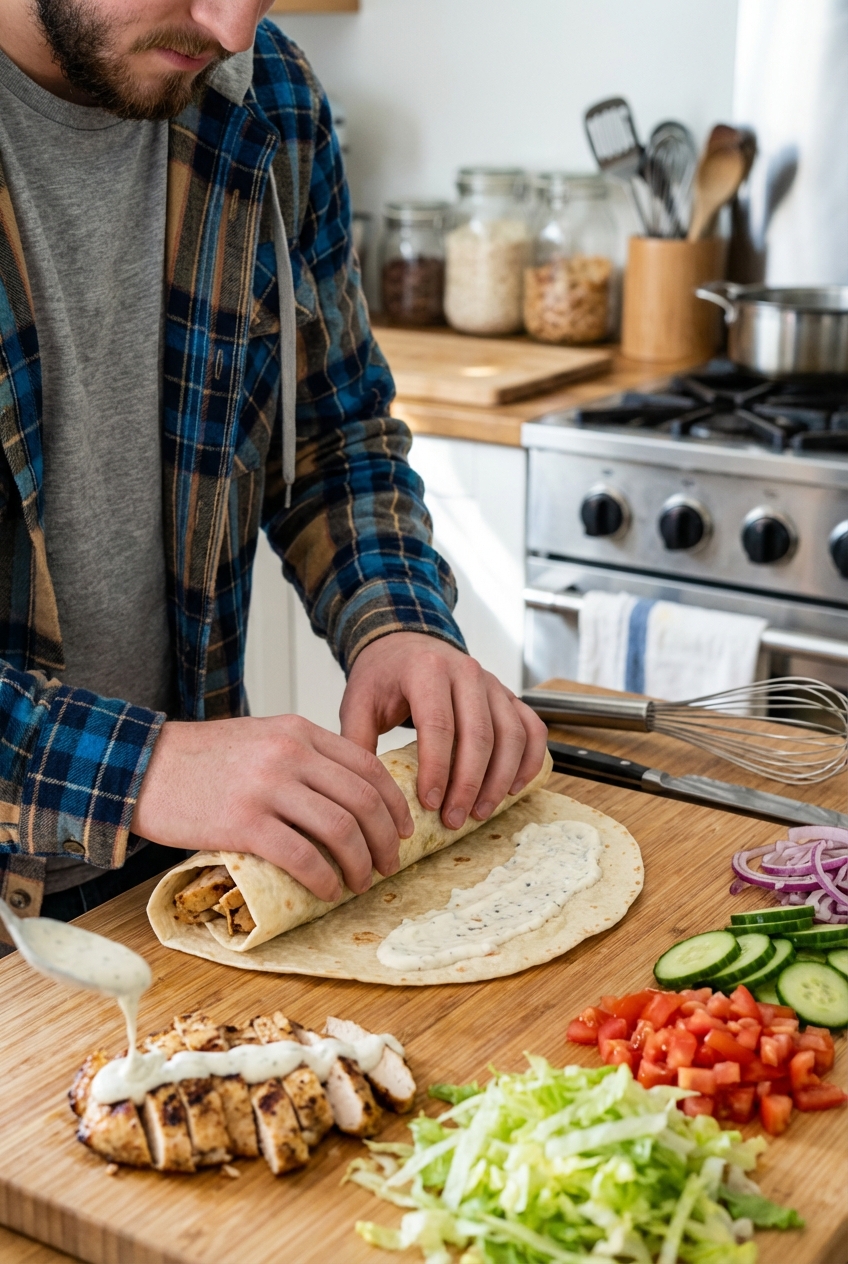 A real photo of hands assembling a chicken shawarma wrap with creamy sauce and fresh vegetables on a kitchen counter