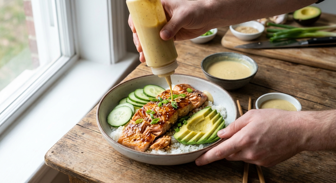 A real photo of hands assembling a salmon bowl with rice, flaky salmon, cucumber, avocado, and sauce being drizzled over the top