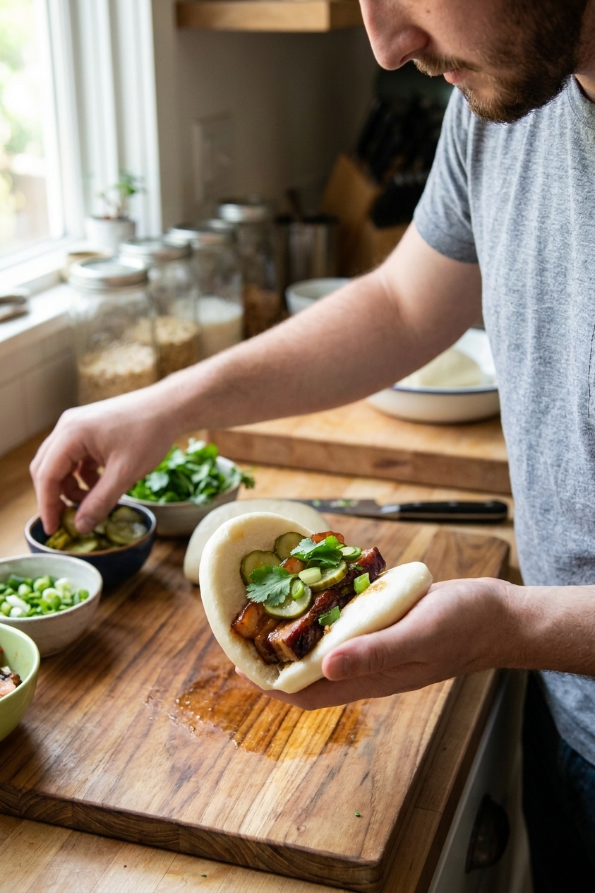 A real photo of hands assembling a steamed gua bao bun with glazed pork belly, cucumber pickles, cilantro, and scallions on a cutting board
