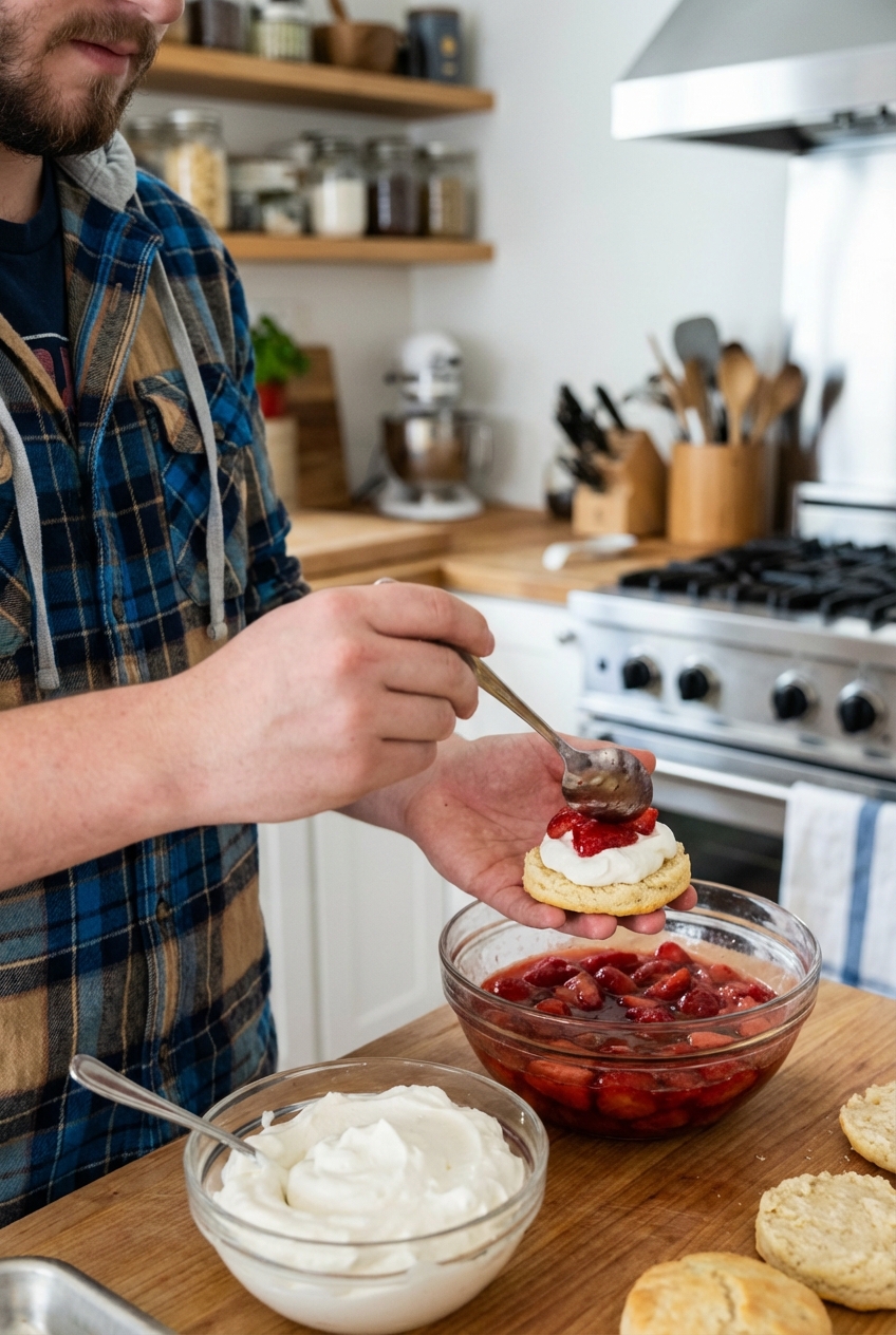 A real photo of hands assembling strawberry shortcake with whipped cream and macerated strawberries on a kitchen counter
