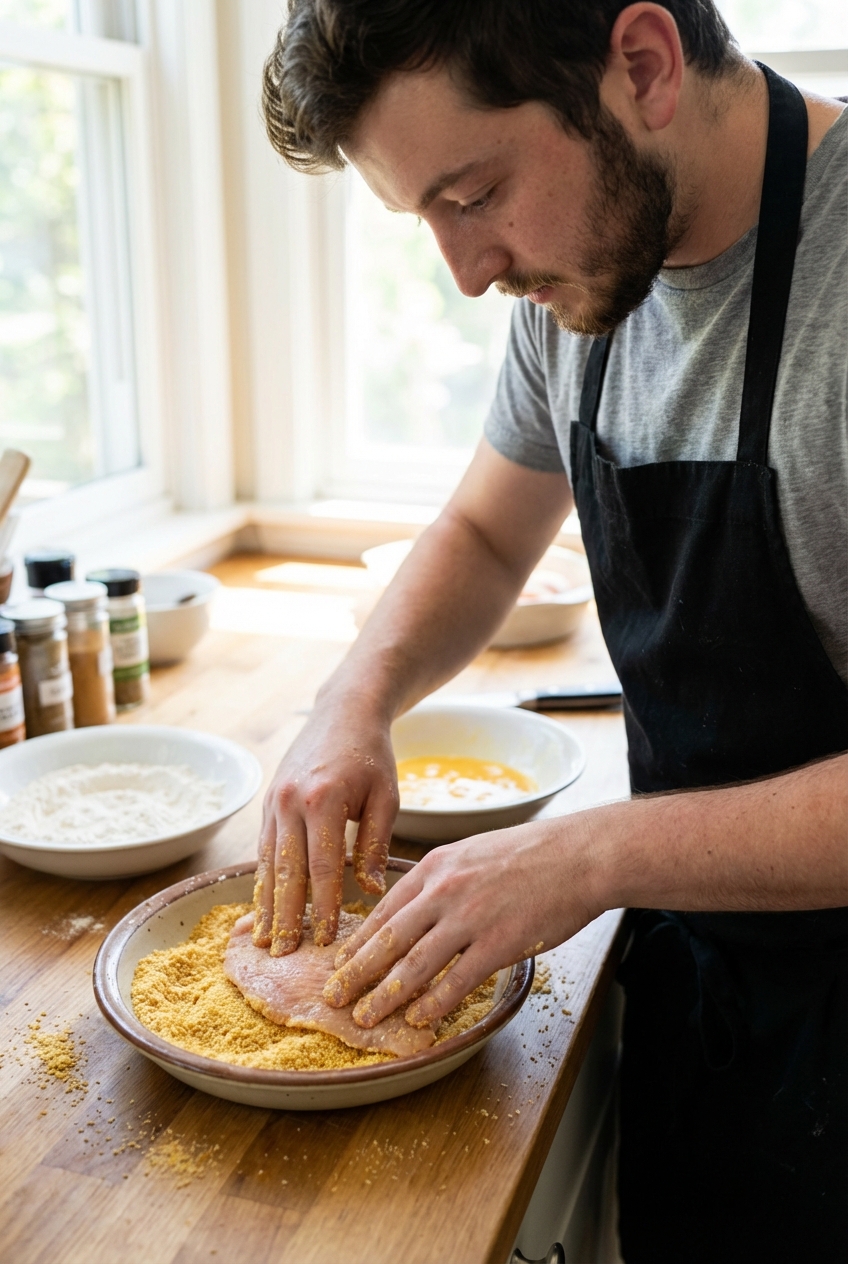 A real photo of hands breading a chicken cutlet by pressing it into breadcrumbs in a shallow dish