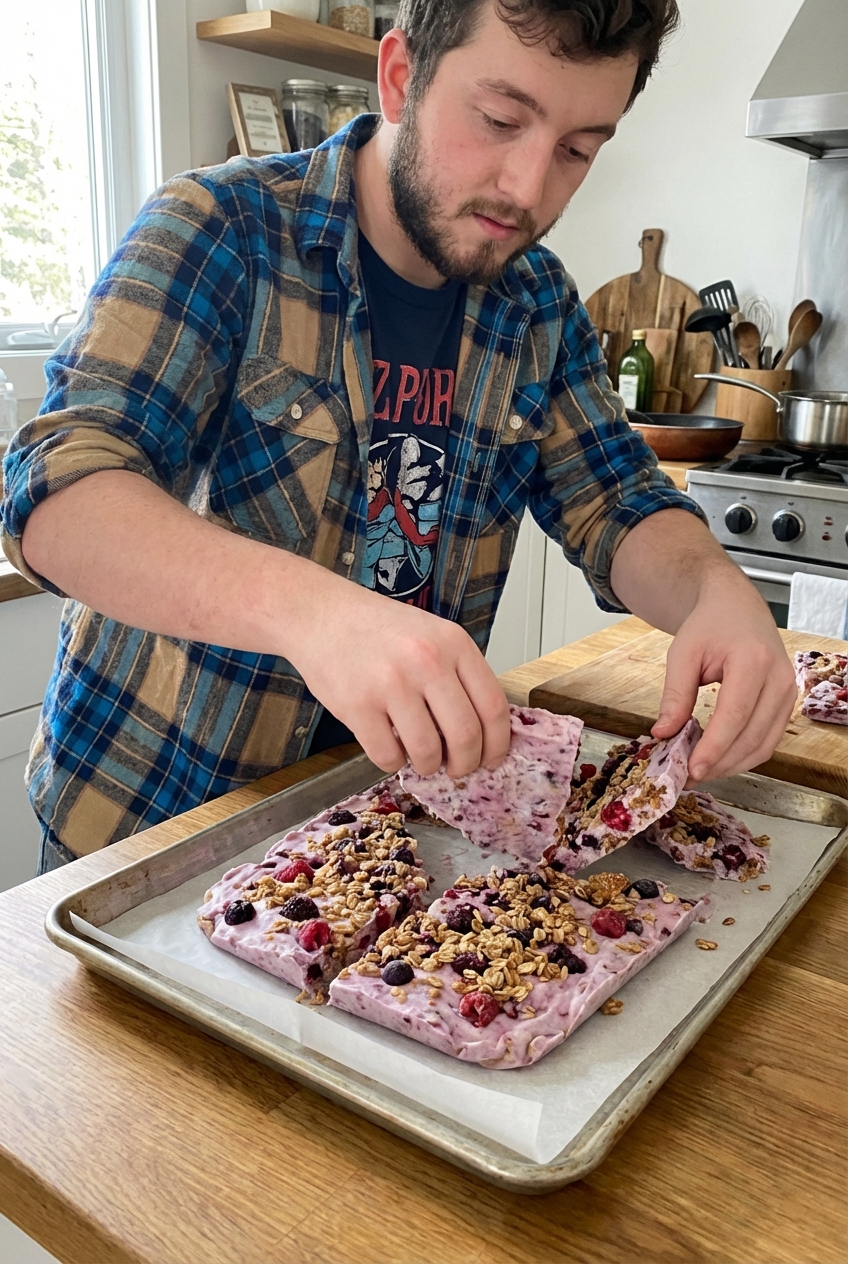 A real photo of hands breaking frozen yogurt bark into uneven pieces over a baking sheet