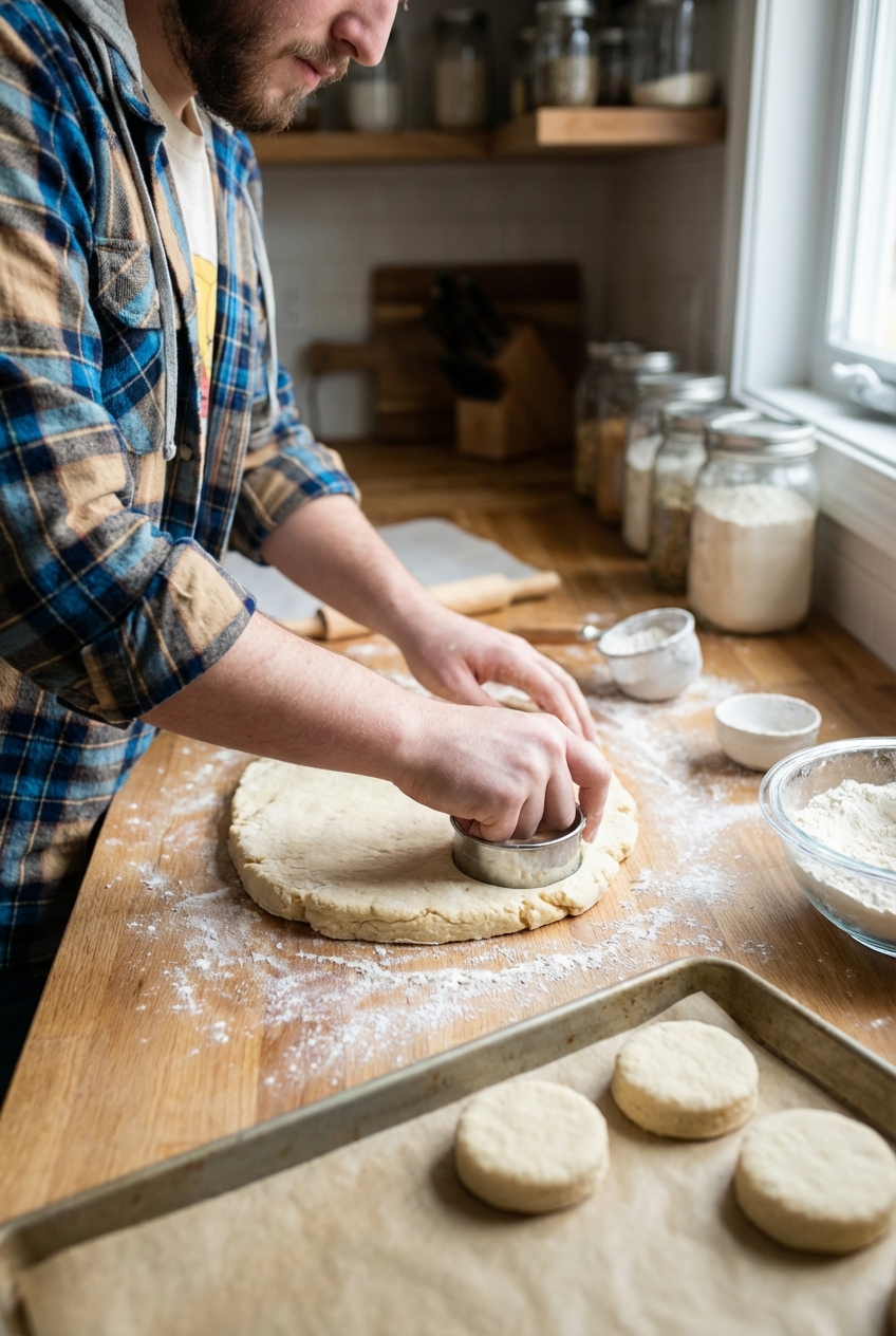 A real photo of hands cutting biscuit dough with a round cutter on a lightly floured countertop with a few cut biscuits nearby