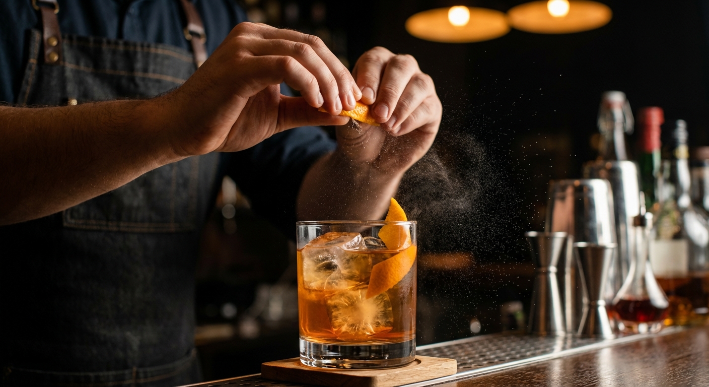 A real photo of hands expressing an orange peel over a mixed Old Fashioned in a rocks glass with ice